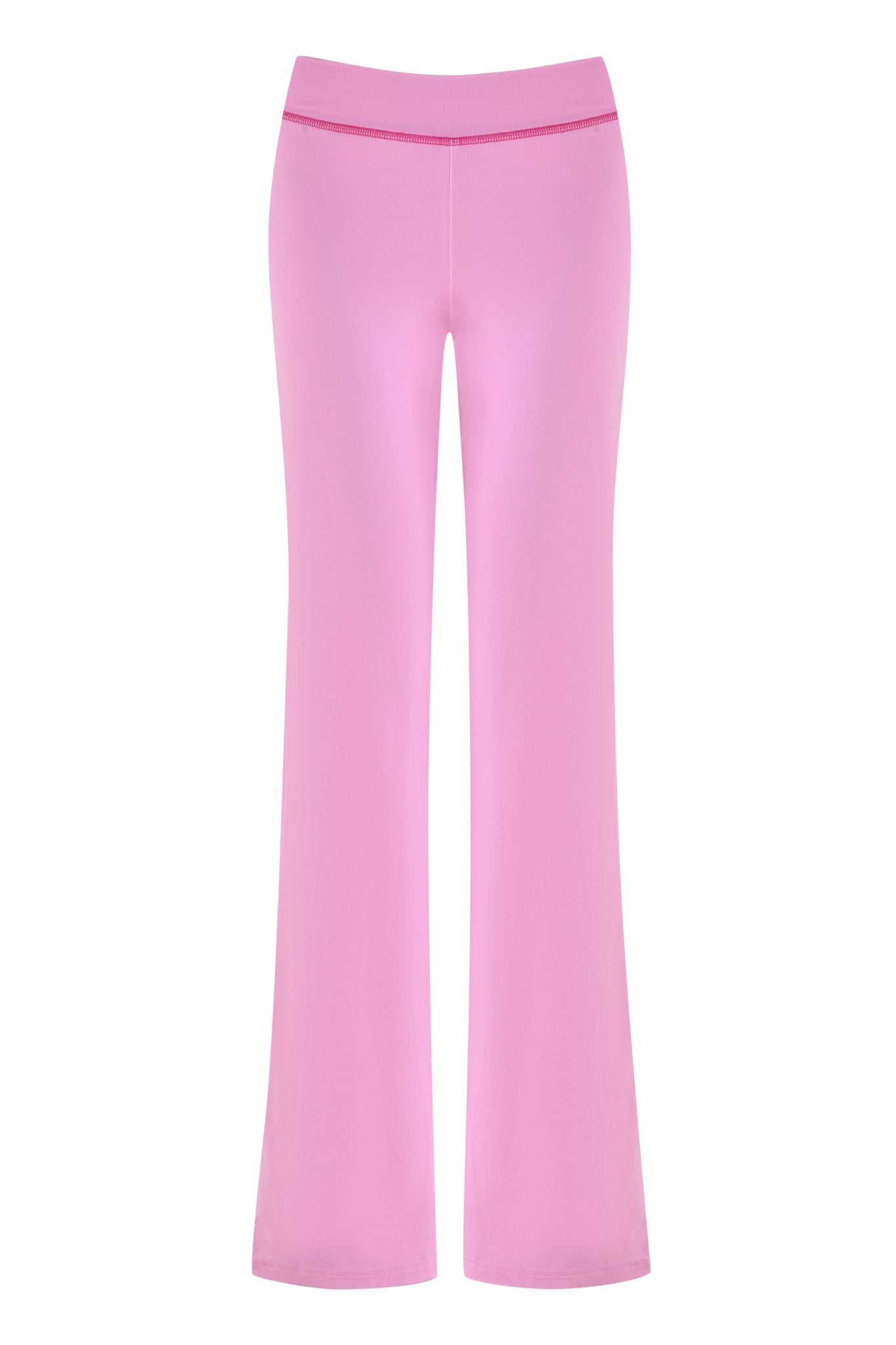 Bubblegum pink I.AM.GIA BLARE TRACKPANT with subtle waistband detail and logo. The smooth, stretchy fabric and wide-leg design create a flowy silhouette, set against a plain white background.