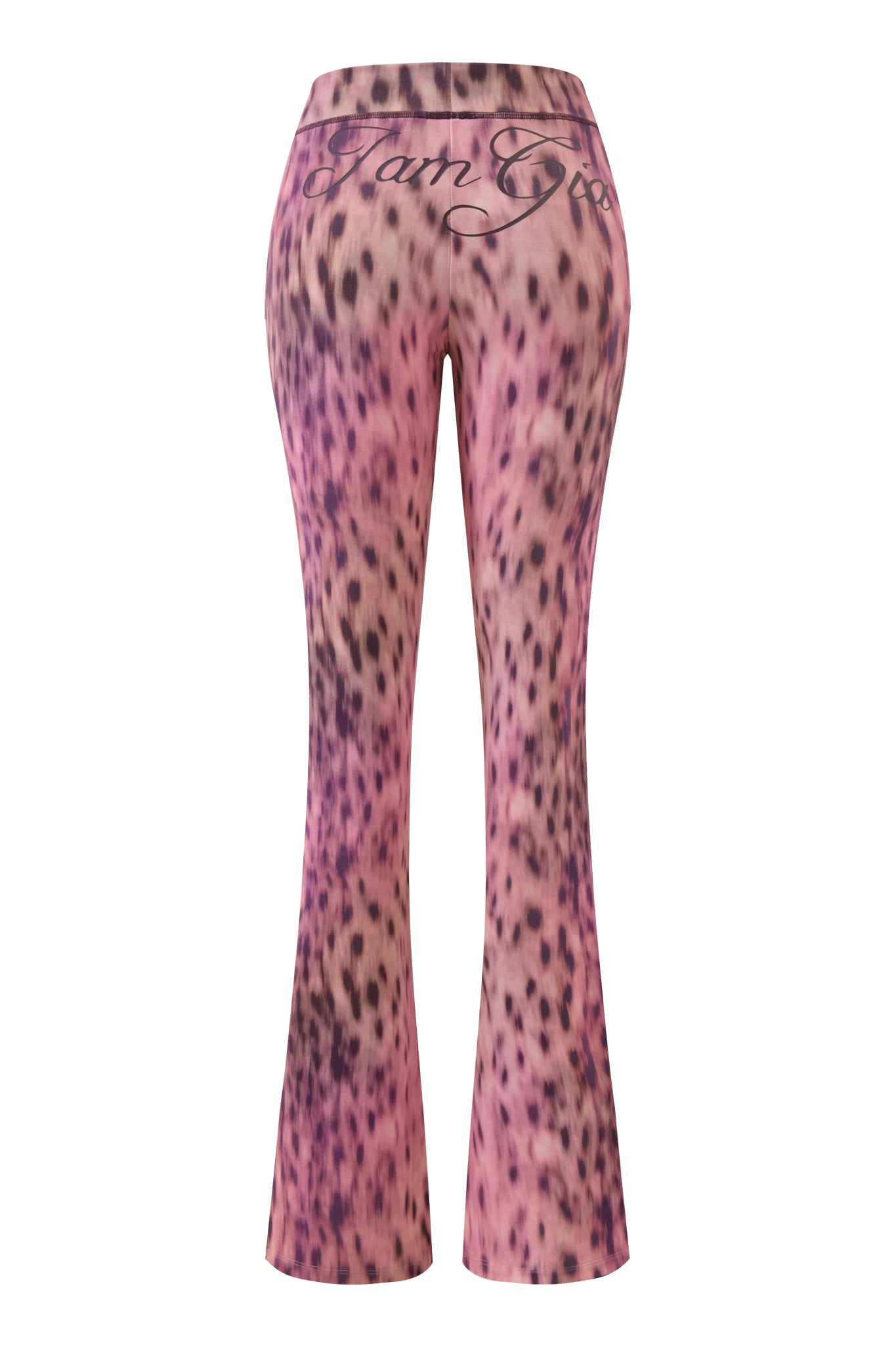 The I.AM.GIA BLARE TRACKPANT - PINK BLURRED CHEETAH features a flared fit, black cheetah spots, cursive branding on the waistband, and a trendy low-rise waist, shown here from the back.