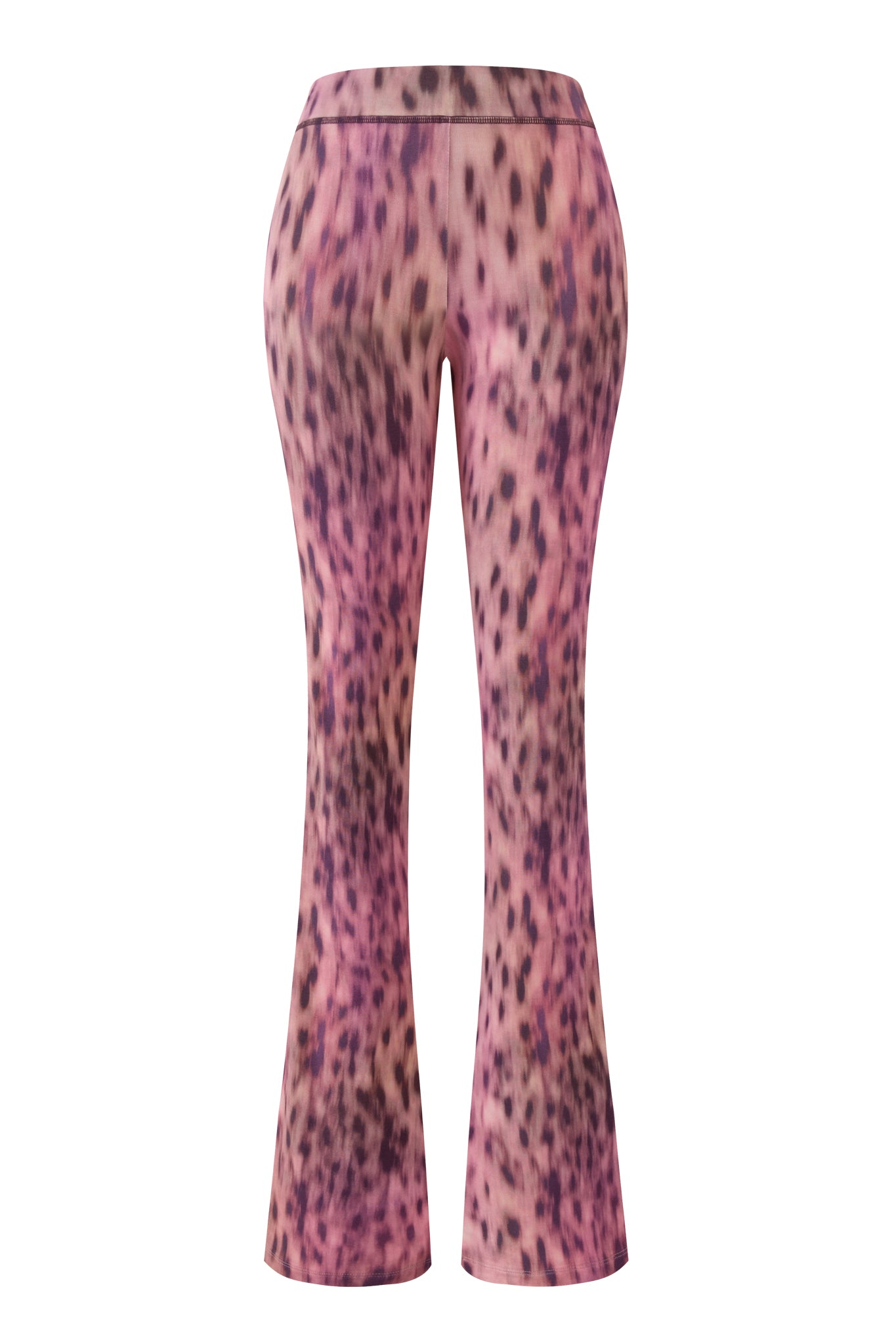 The I.AM.GIA BLARE TRACKPANT in Pink Blurred Cheetah, shown from the back, features a high waist and long, wide flared legs for a bold statement look.