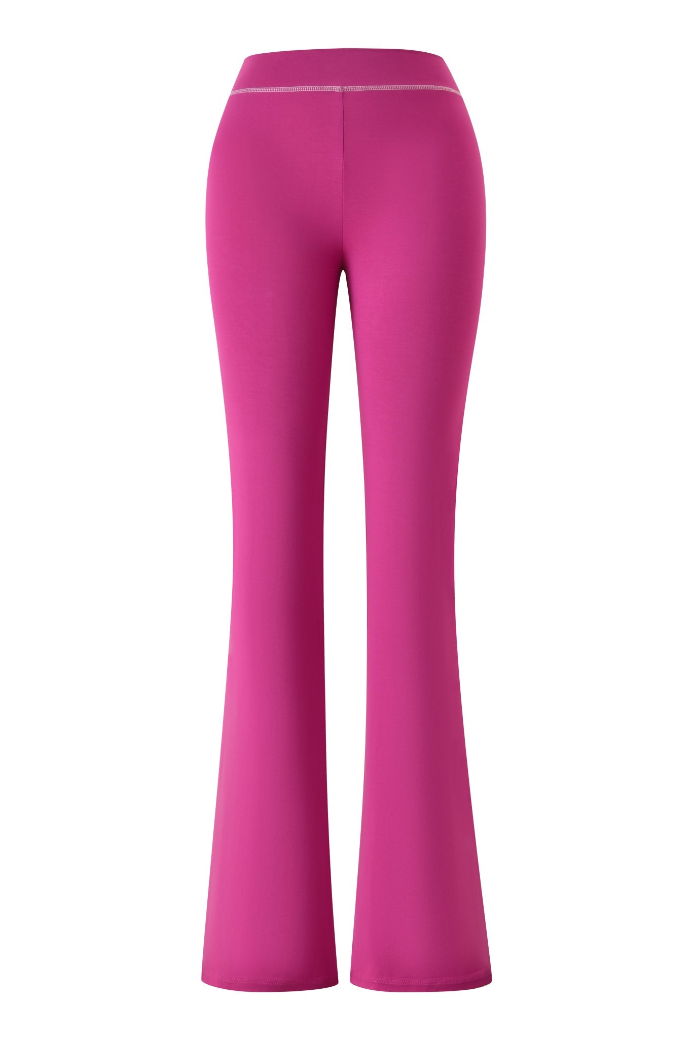 The BLARE TRACKPANT - RASPBERRY by I.AM.GIA features a vivid raspberry hue, high waist, fitted hip and thigh, and bold flared leg, shown from the back against a white background.