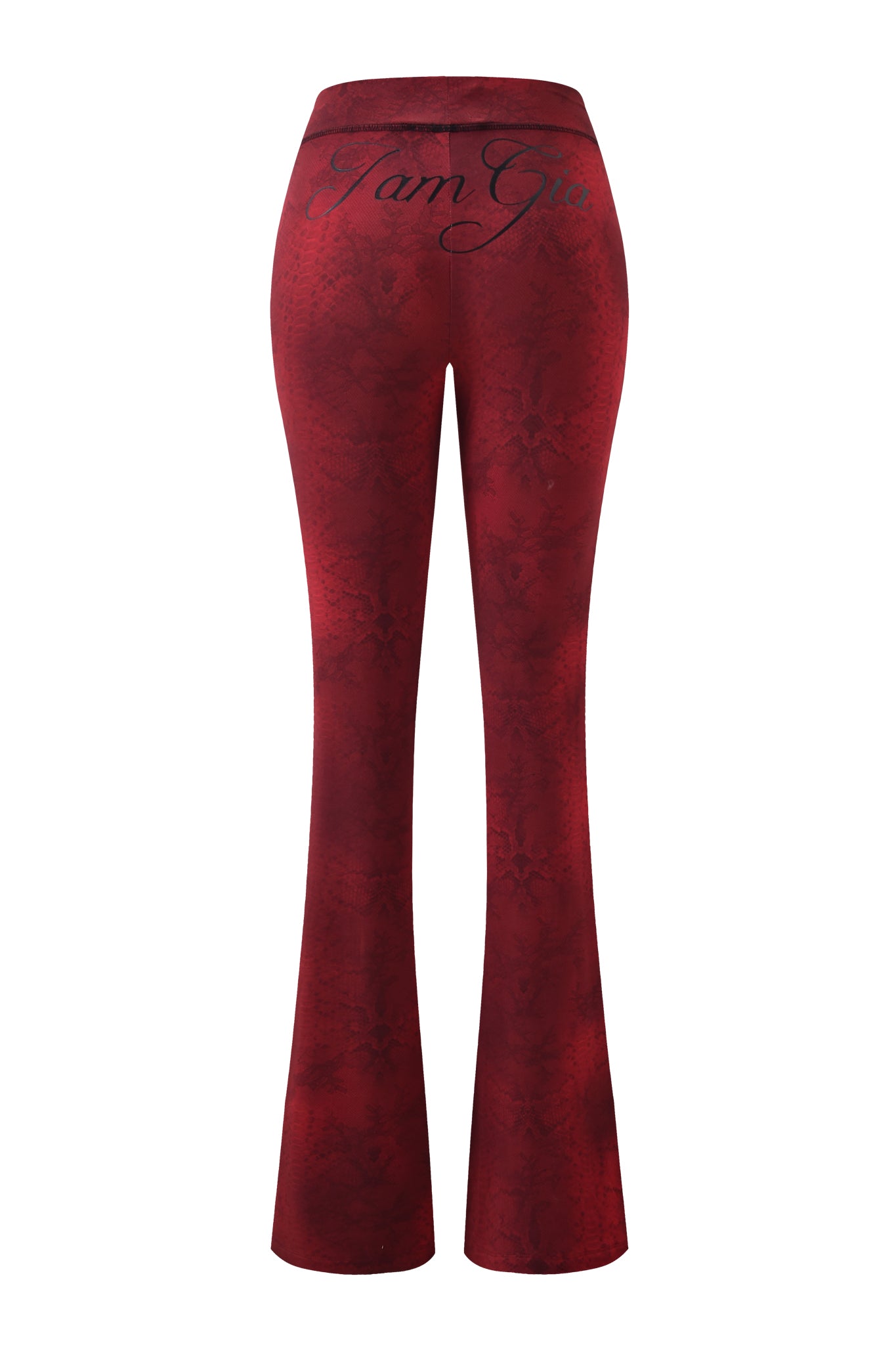The BLARE TRACKPANT - RED SERPENTINE by I.AM.GIA features a high waist, flared leg, subtle red serpentine print, and "I.AM.GIA" cursive across the back waistband. Made from luxe bamboo fabric. Shown from the rear.