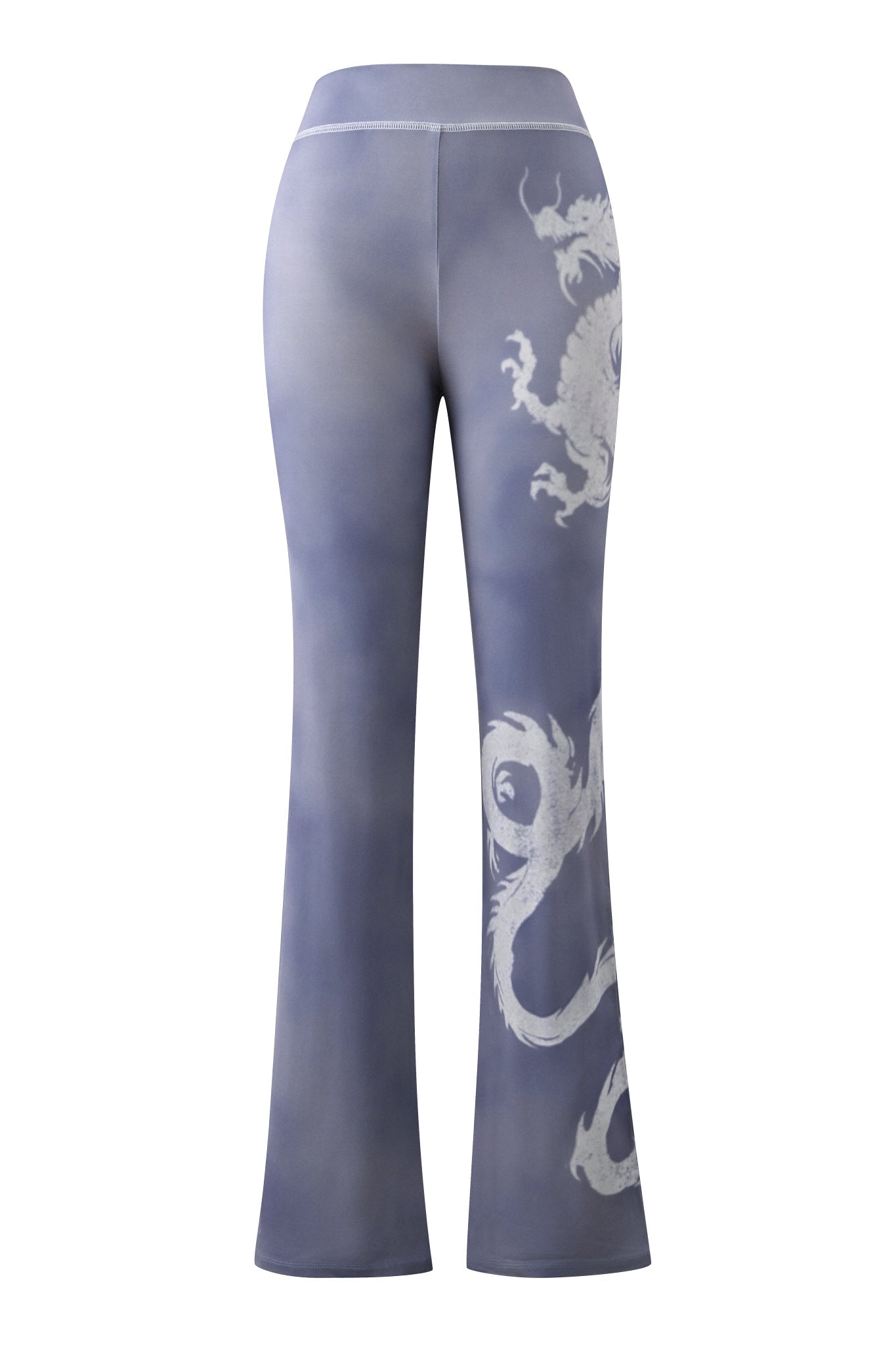 High-waisted, steel blue flared bamboo BLARE TRACKPANT by I.AM.GIA, featuring a white dragon graphic along the side, shown from the back against a white background.