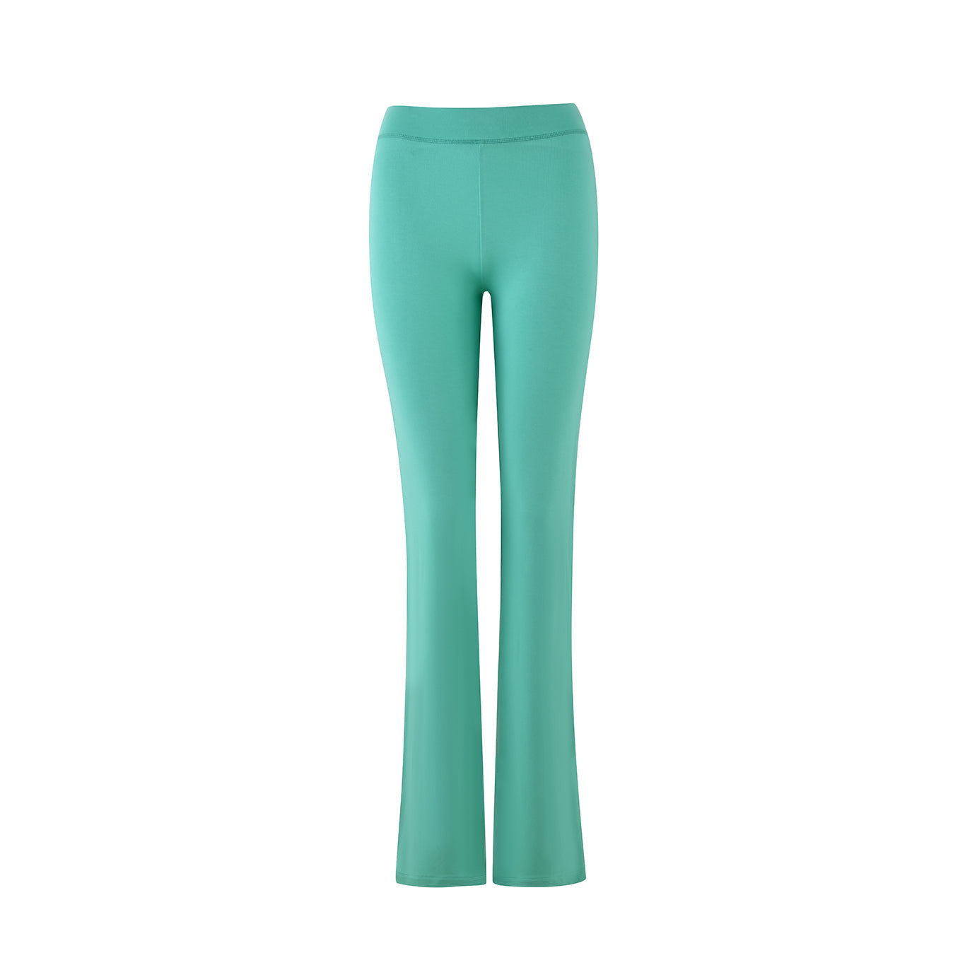 Green BLARE TRACKPANT from I.AM.GIA, made of stretchy bamboo with high waist and flared legs, set against a white backdrop.