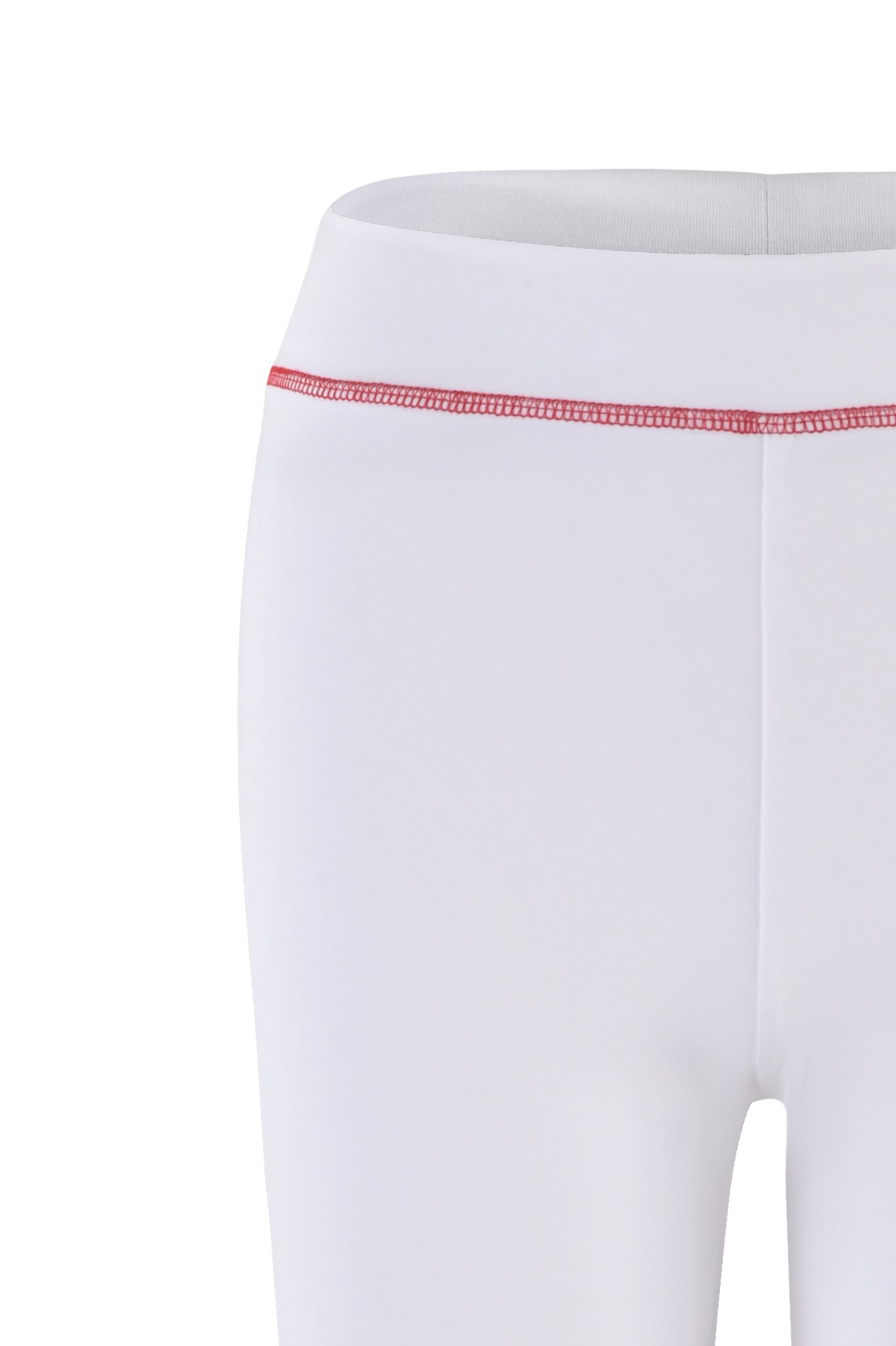 Close-up of the I.AM.GIA BLARE TRACKPANT in white, featuring a minimalistic design. A single red stitch runs horizontally across the waistband, serving as a subtle accent. The fabric appears smooth and stretchy, suggesting a comfortable fit. Only the upper portion of the trackpants is visible.
