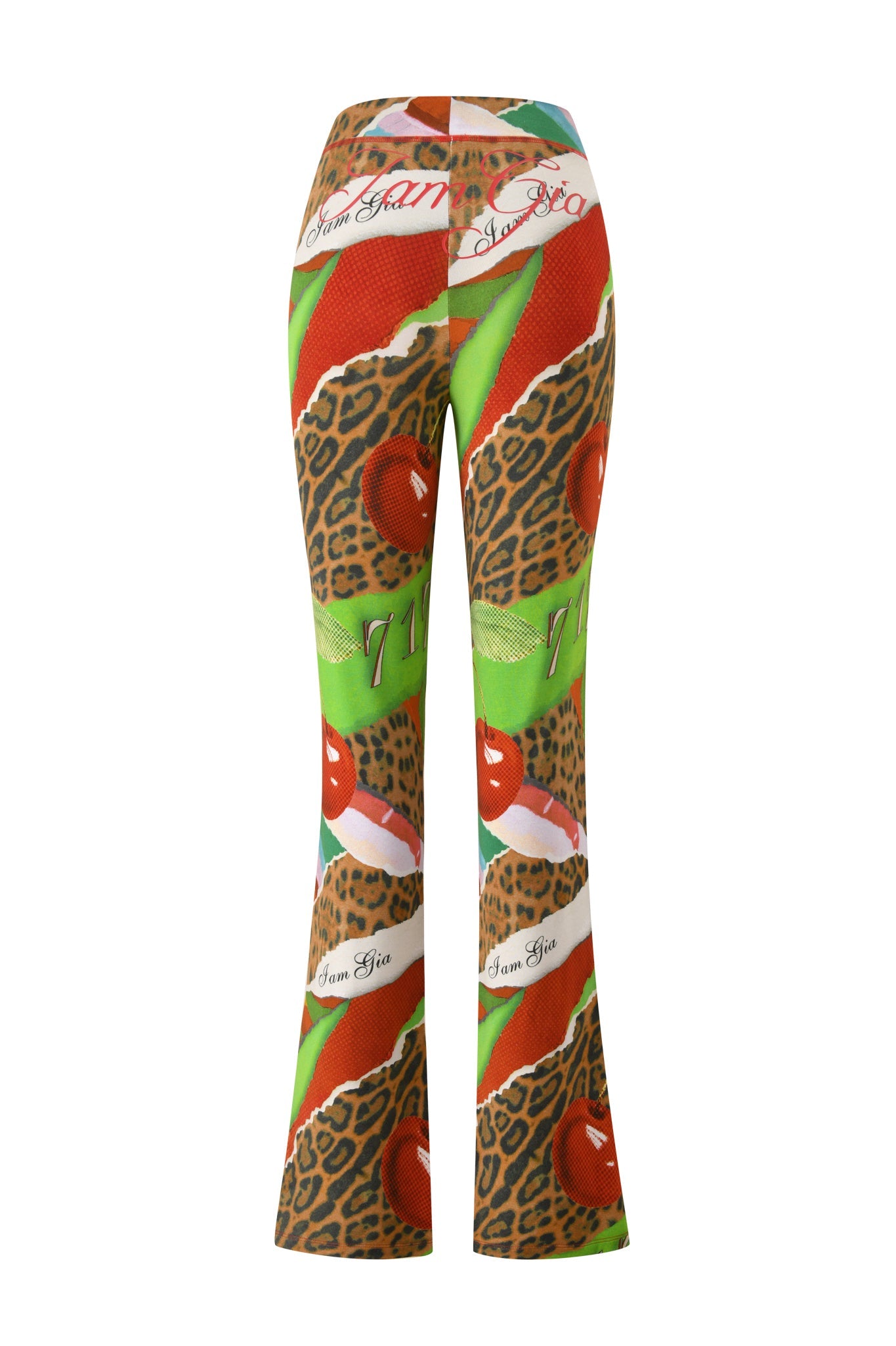 The I.AM.GIA BLARE TRACKPANT - WILD CHERRY features a vibrant cherry and leopard print with green stripes and cursive accents, crafted from bamboo fabric and shown from the back against a white background.