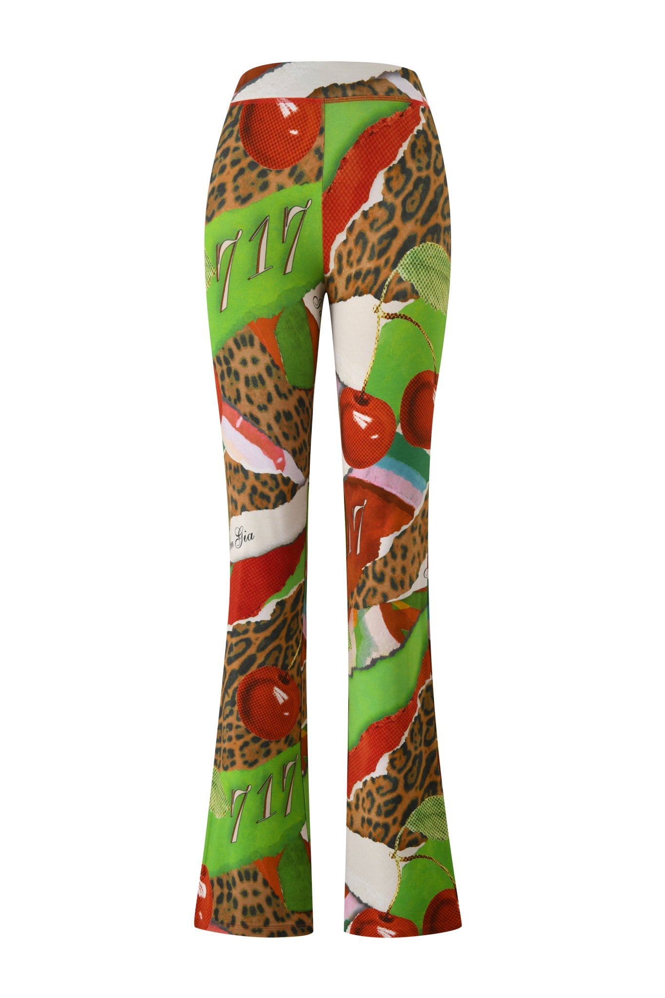 The I.AM.GIA BLARE TRACKPANT - WILD CHERRY features flared legs, green accents, cherries, leopard print, red stripes, and "717" details. Shown from the back against a plain white background.