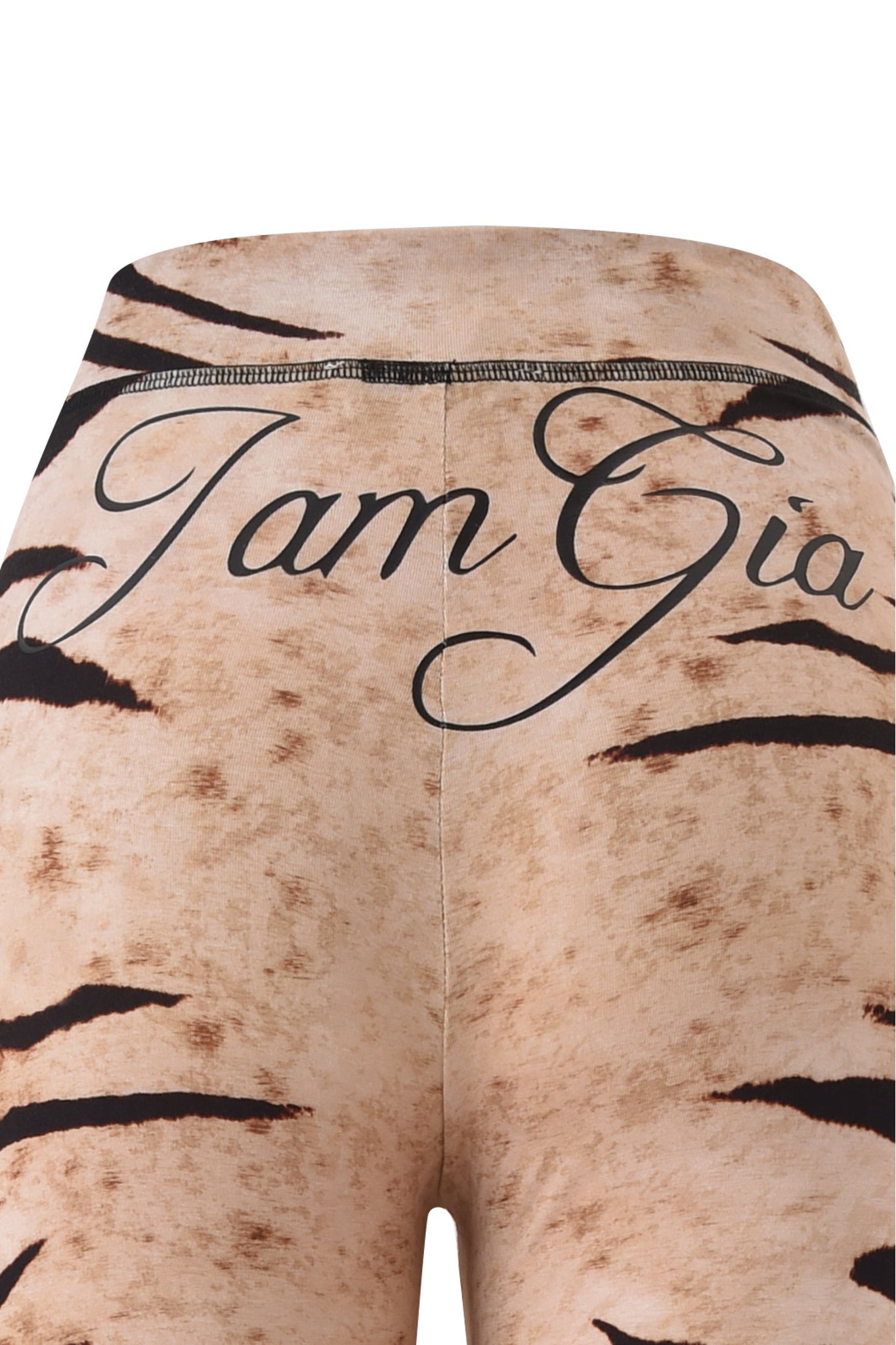 Close-up of BLARE TRACKPANT - WILD SIDE by I.AM.GIA, featuring beige leggings with dark brown Wild Side print stripes and "I.AM.GIA" script on the waistband.