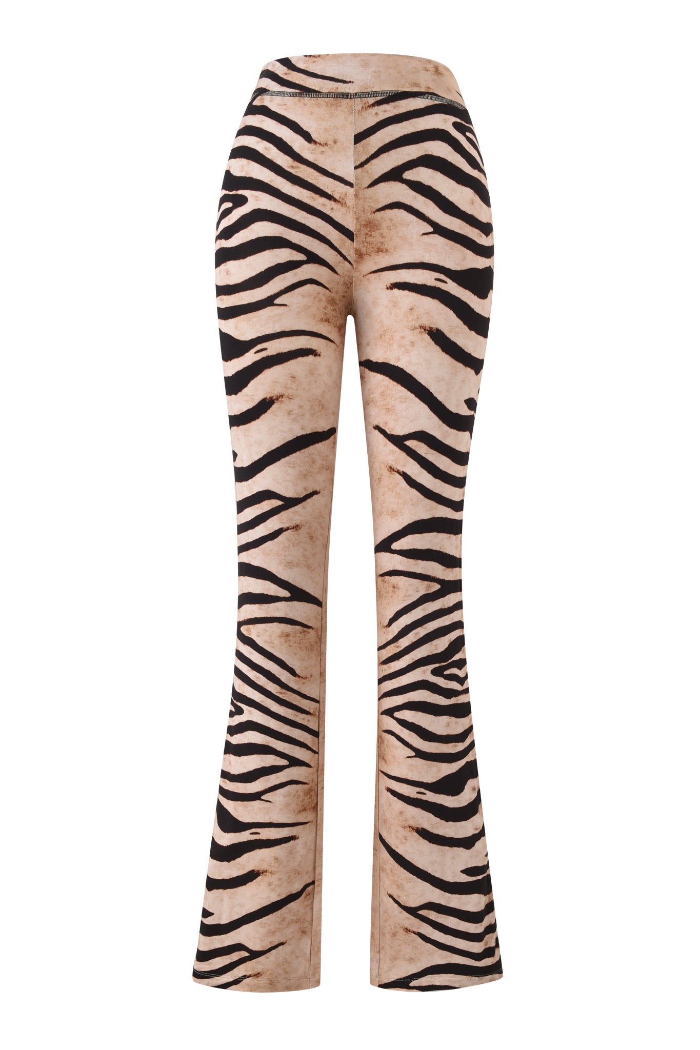 The BLARE TRACKPANT - WILD SIDE by I.AM.GIA features a high-waisted, flared fit with bold black zebra stripes on beige, crafted from soft bamboo fabric for a snug top and flared ankles.