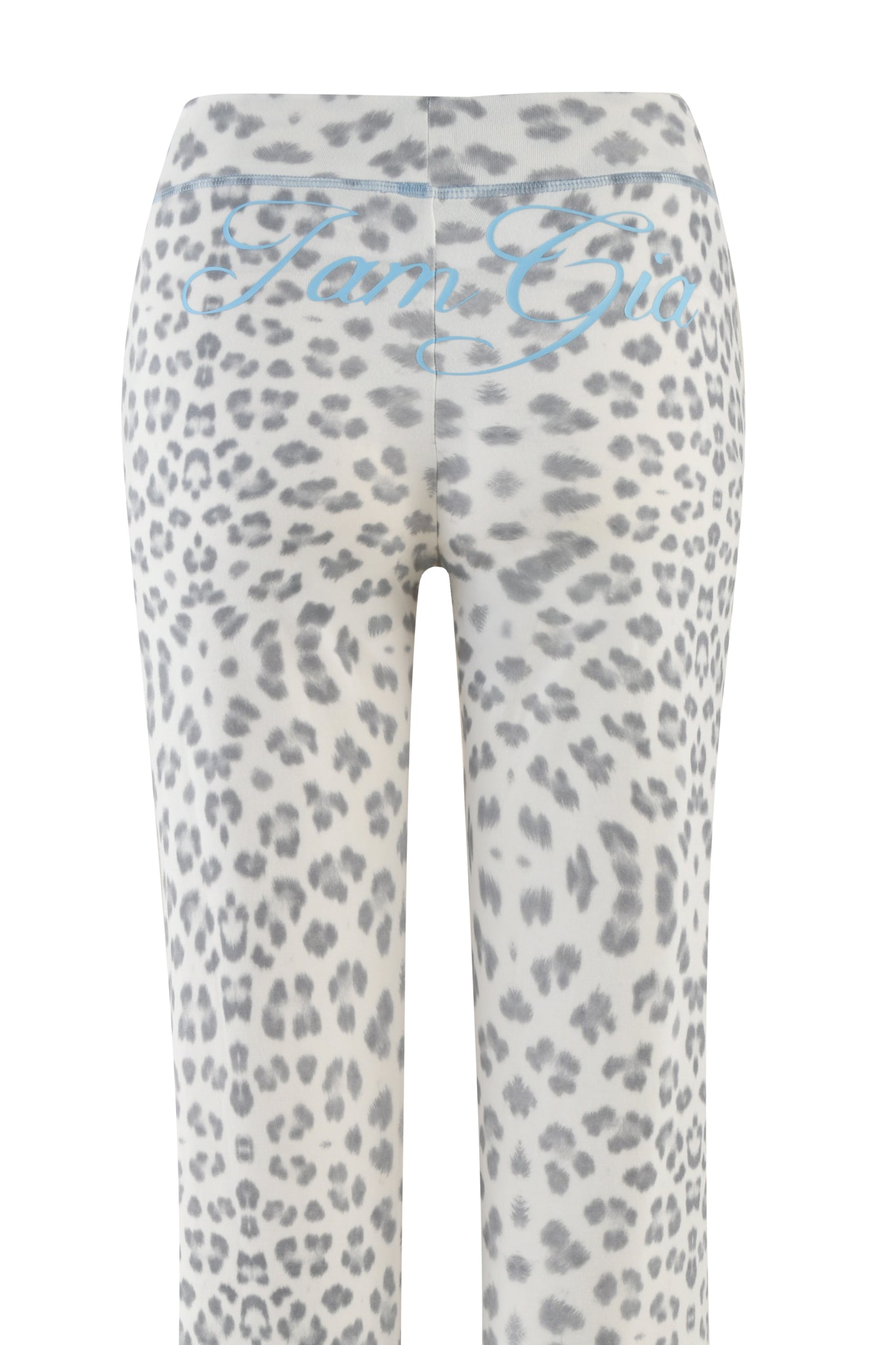 Rear view of grey snow leopard print leggings featuring "I.AM.GIA" written in blue script across the waistband, echoing the style of the Blare Trackpant from the Winter Wild Card collection.
