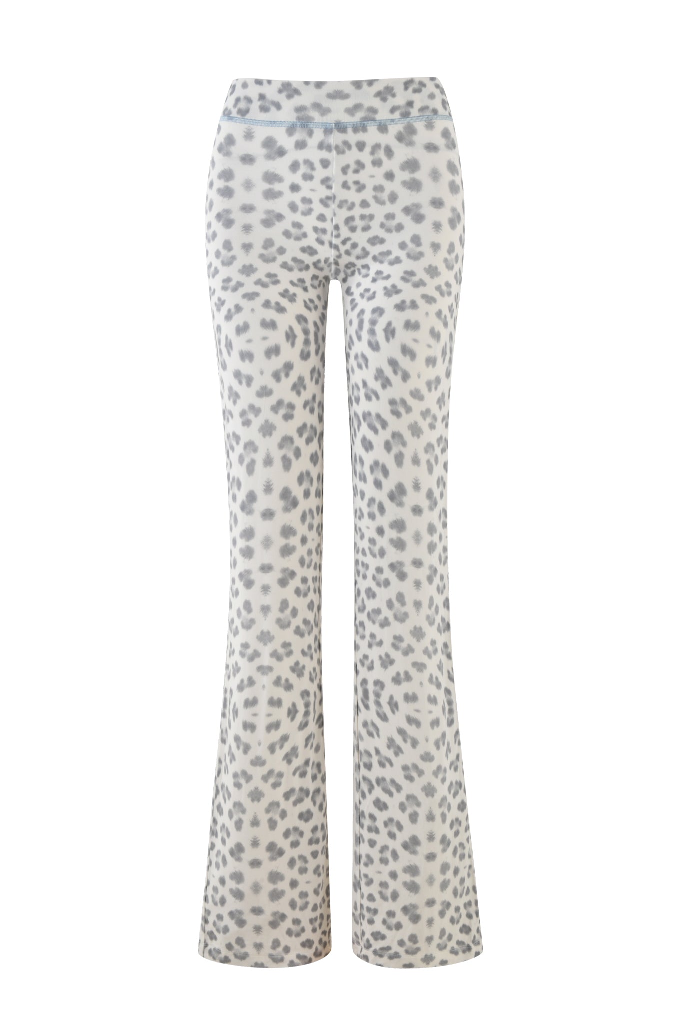 The BLARE TRACKPANT - SNOW LEOPARD : WINTER WILD CARD from I.AM.GIA features a stylish gray and white snow leopard print design with a high-waisted, flared silhouette.