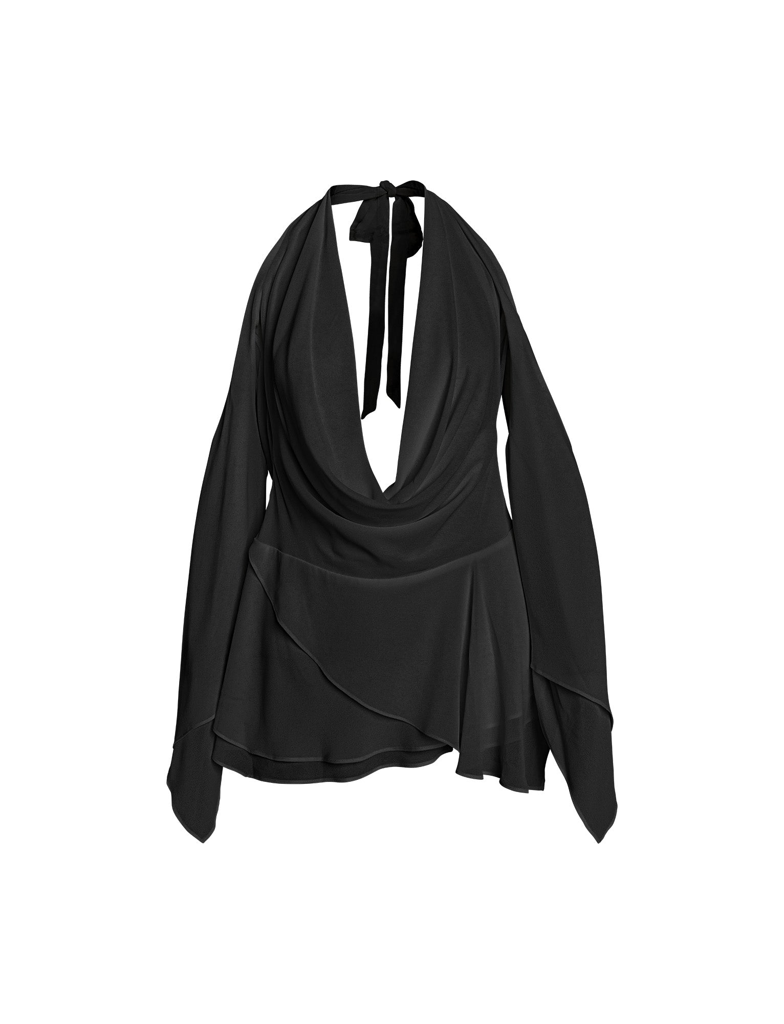 The ROSANNA MINI DRESS - BLACK by I.AM.GIA is a lightweight, flowy piece featuring long sleeves, a halter neck tie at the back, cold shoulder detail, and a deep V-neck. It is adorned with layered, asymmetrical hem detailing for an elegant touch.