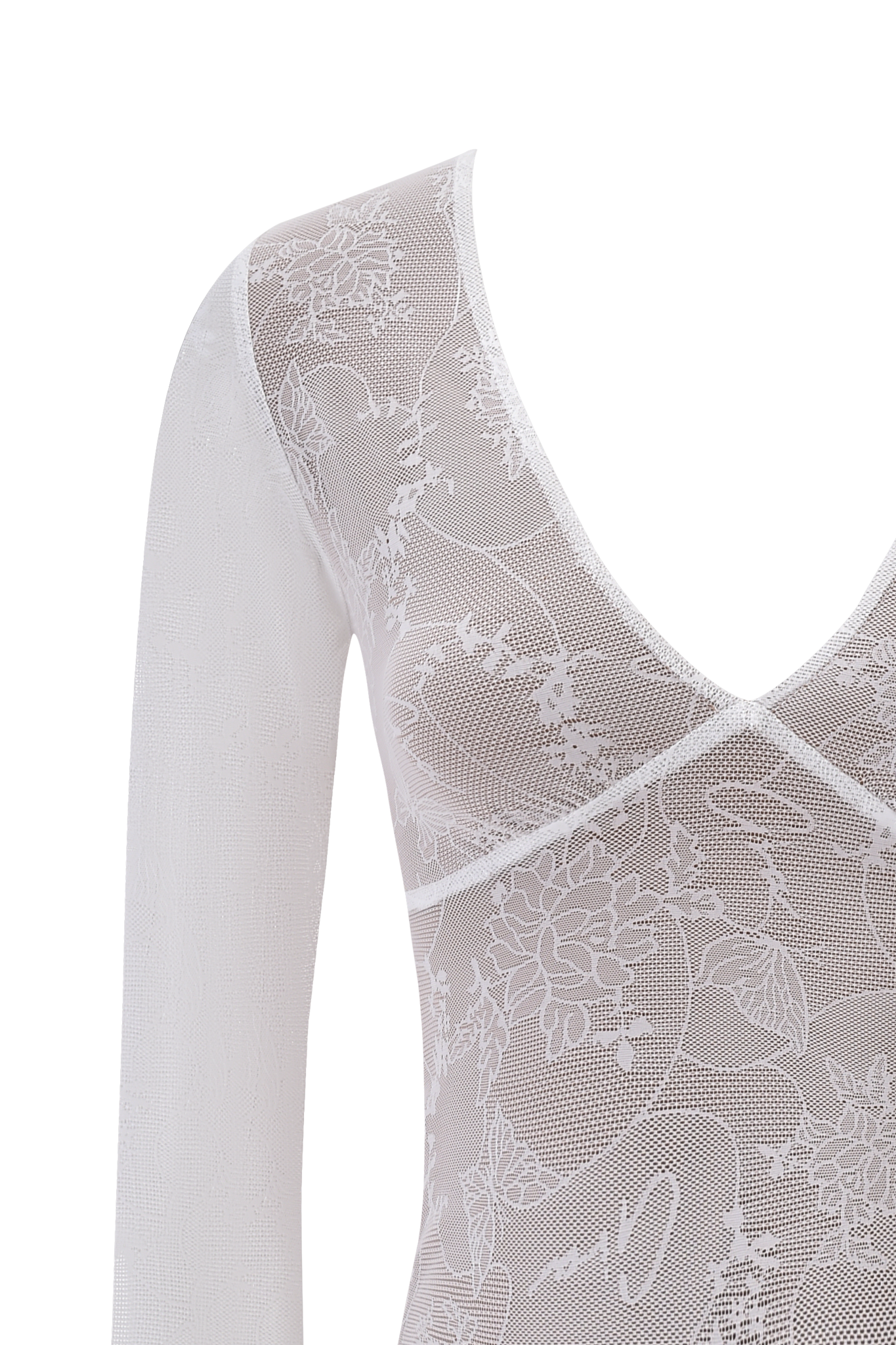 A close-up of the YVETTE TOP - WHITE : BUTTERFLY LACE by I.AM.GIA, a long-sleeved sheer lace top with custom 'GIA' lace, delicate butterfly detailing, and a deep V-neckline.