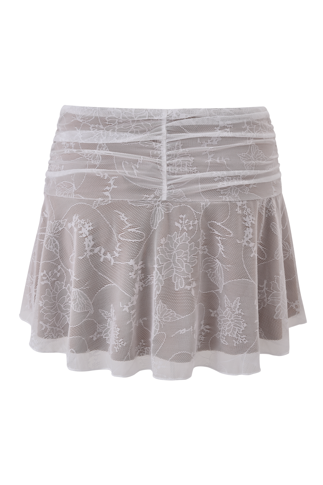 The I.AM.GIA YVETTE SKIRT - WHITE: BUTTERFLY LACE is a mini skirt featuring sheer butterfly lace floral embroidery, slight ruffles, and a fitted waistband, shown against a plain background.