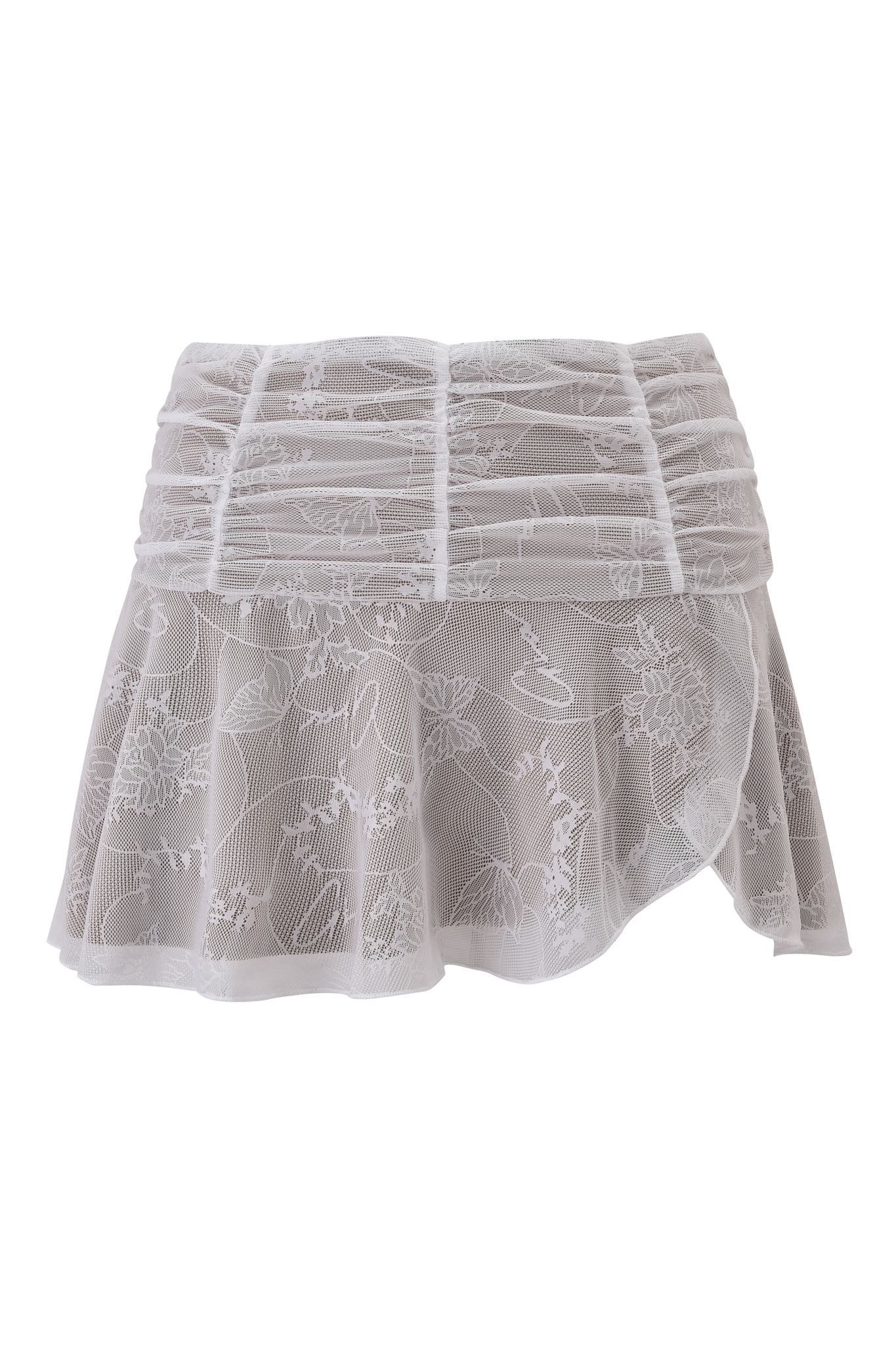 The I.AM.GIA YVETTE SKIRT - WHITE : BUTTERFLY LACE is a white mini skirt featuring sheer floral embroidery, butterfly lace accents, ruched waist detailing, and a slightly flared hem.
