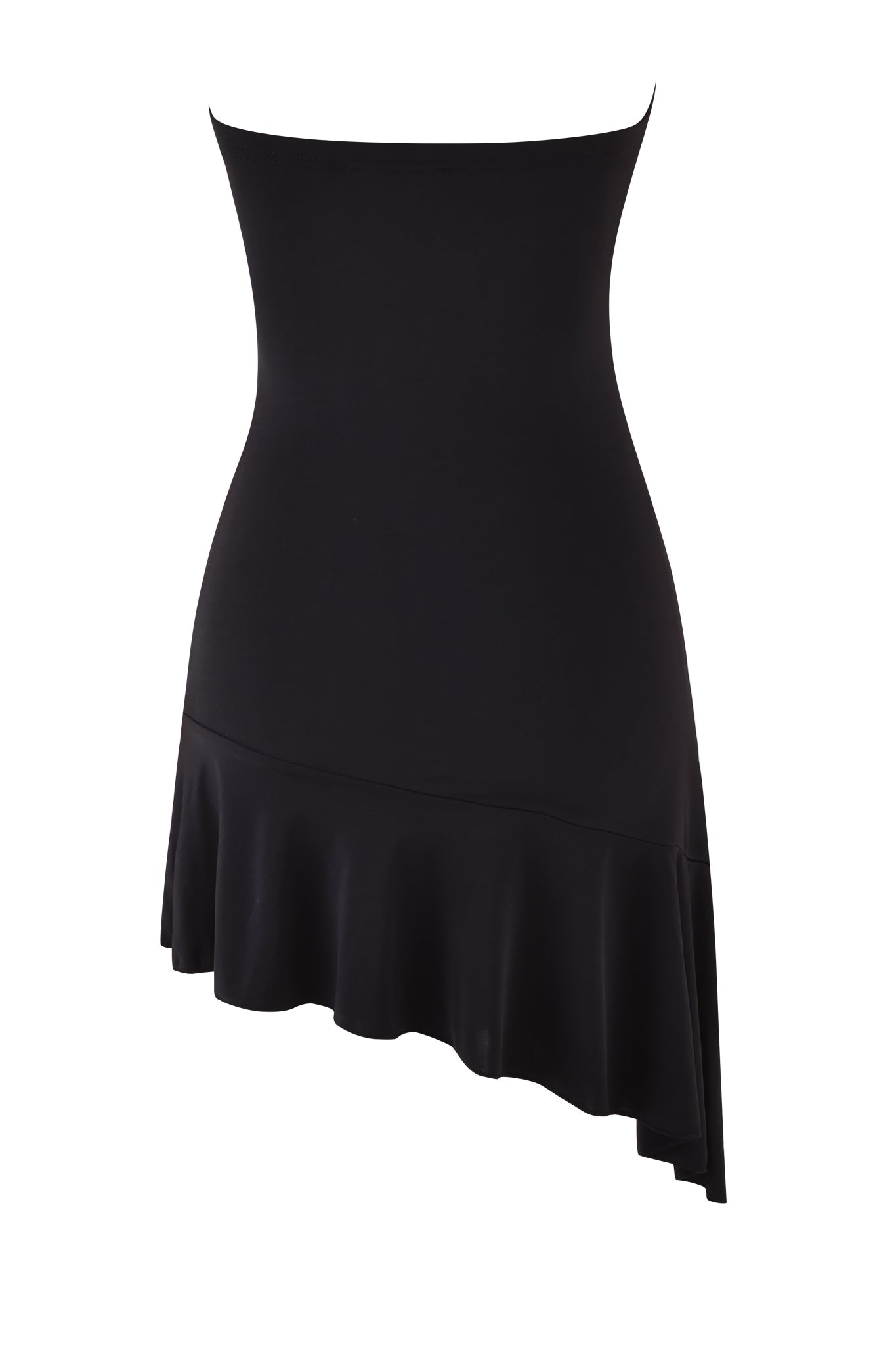 The ARLY MINI DRESS - BLACK : PASTEL PINK by I.AM.GIA is displayed on a white background, featuring a bold black strapless neckline and an asymmetrical flared skirt hem.