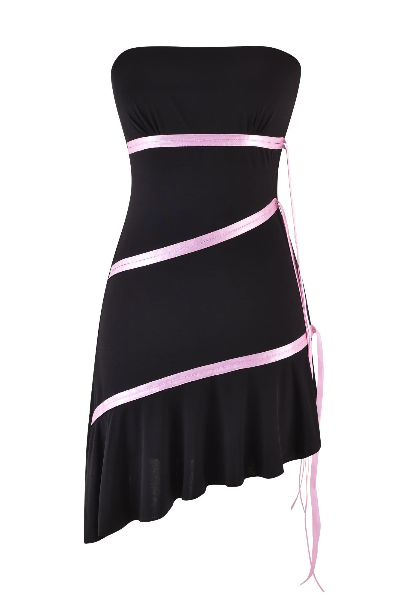 The I.AM.GIA ARLY MINI DRESS - BLACK : PASTEL PINK, a breathtaking strapless creation, features an asymmetrical flared skirt hem. Delicate pastel pink ribbon accents artfully drape across the bodice and waist, finishing with a delightful bow on the side.