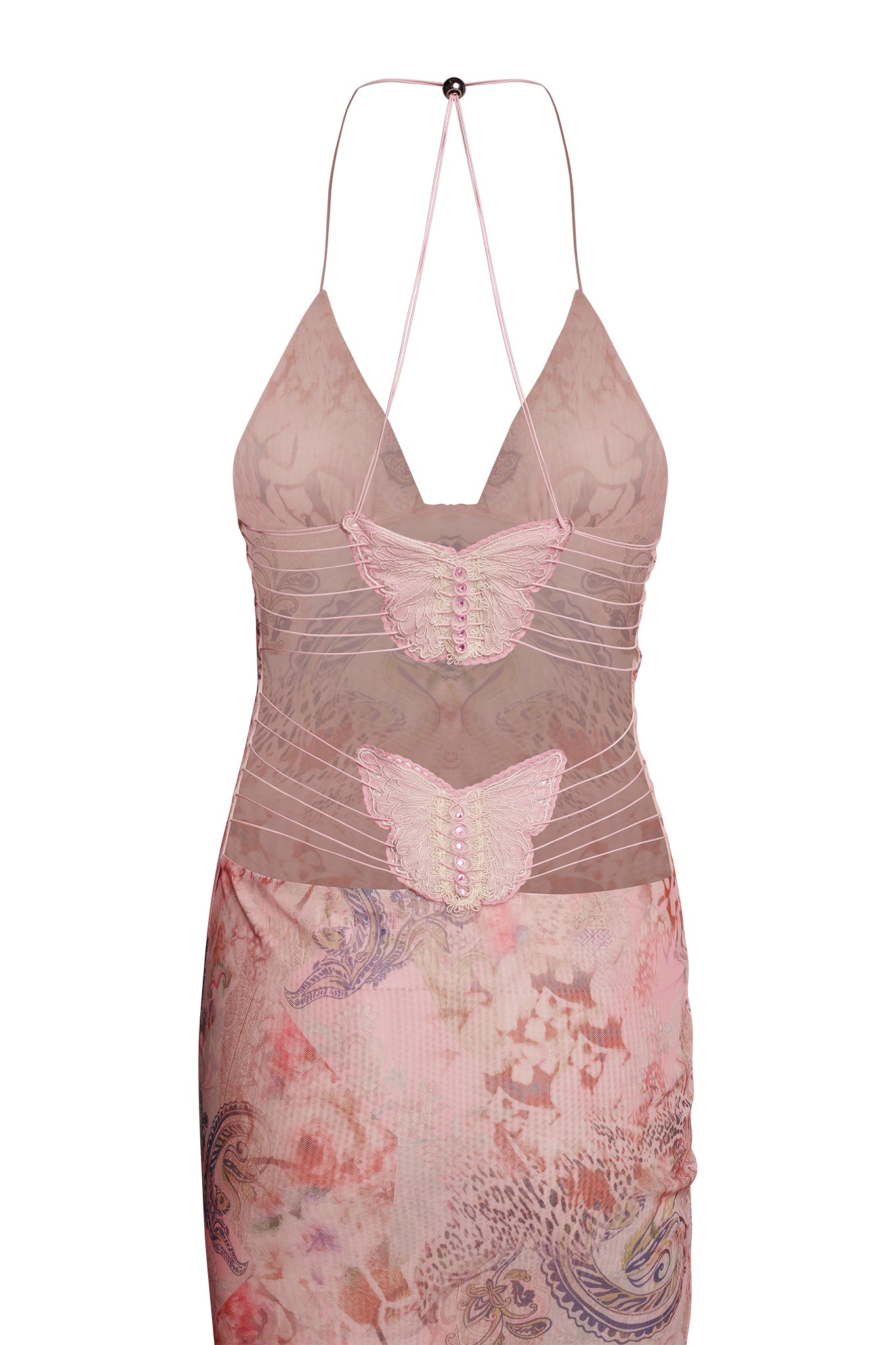 The Ellery Dress - Pink: Flora Paisley from I.AM.GIA features a delicate mesh bodice adorned with two butterfly appliques and slender straps. The skirt showcases a soft floral and paisley print in pastel hues, while pink bead embellishments on the top add an elegant and feminine touch, making it perfect for any occasion.