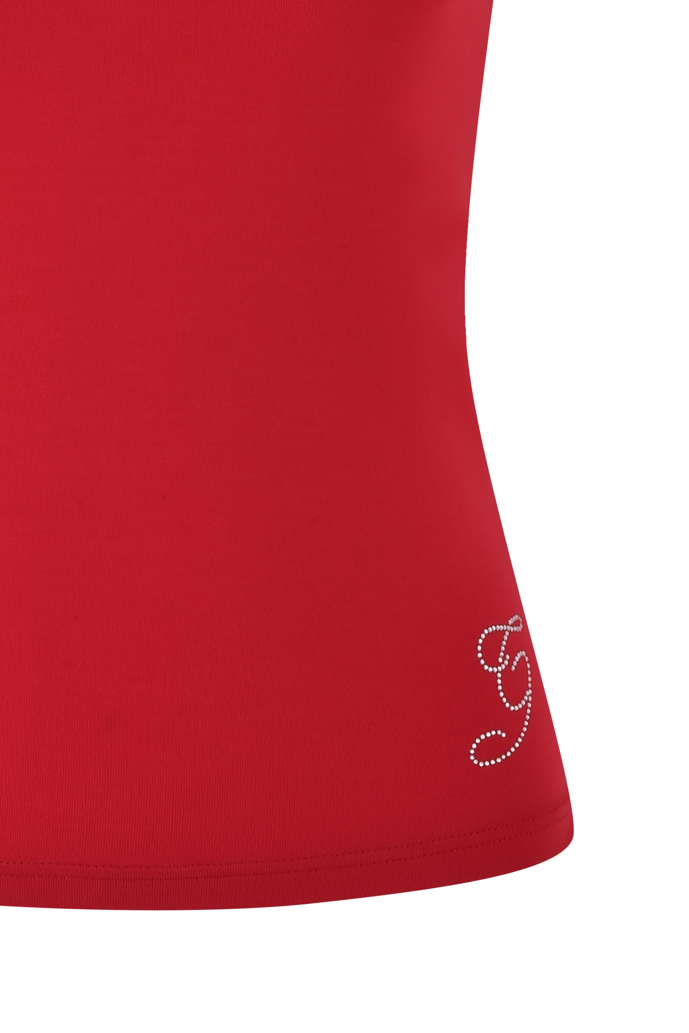 A close-up of the ERIN TOP - RED by I.AM.GIA showcases red fabric embellished with a delicate rhinestone design forming a cursive letter "E" near the bottom edge, enhanced by an elegant red lace trim.