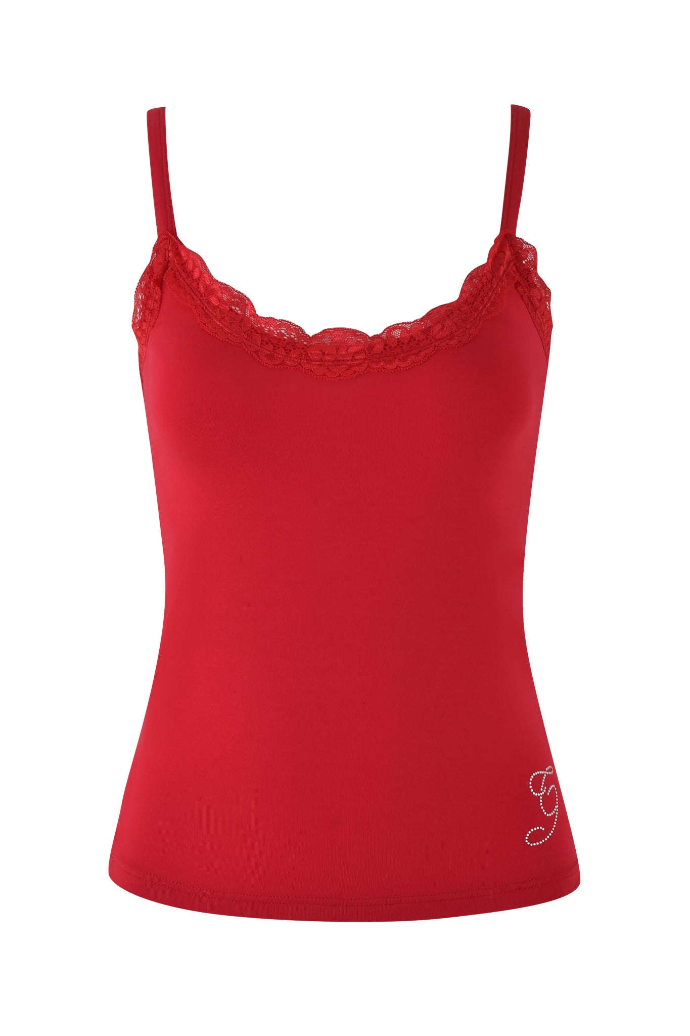 The ERIN TOP - RED by I.AM.GIA showcases a red lace trim along the neckline and thin shoulder straps, made from sustainable bamboo fabric. A small decorative letter "G" is embroidered near the bottom hem, adding a charming detail to this elegant piece.