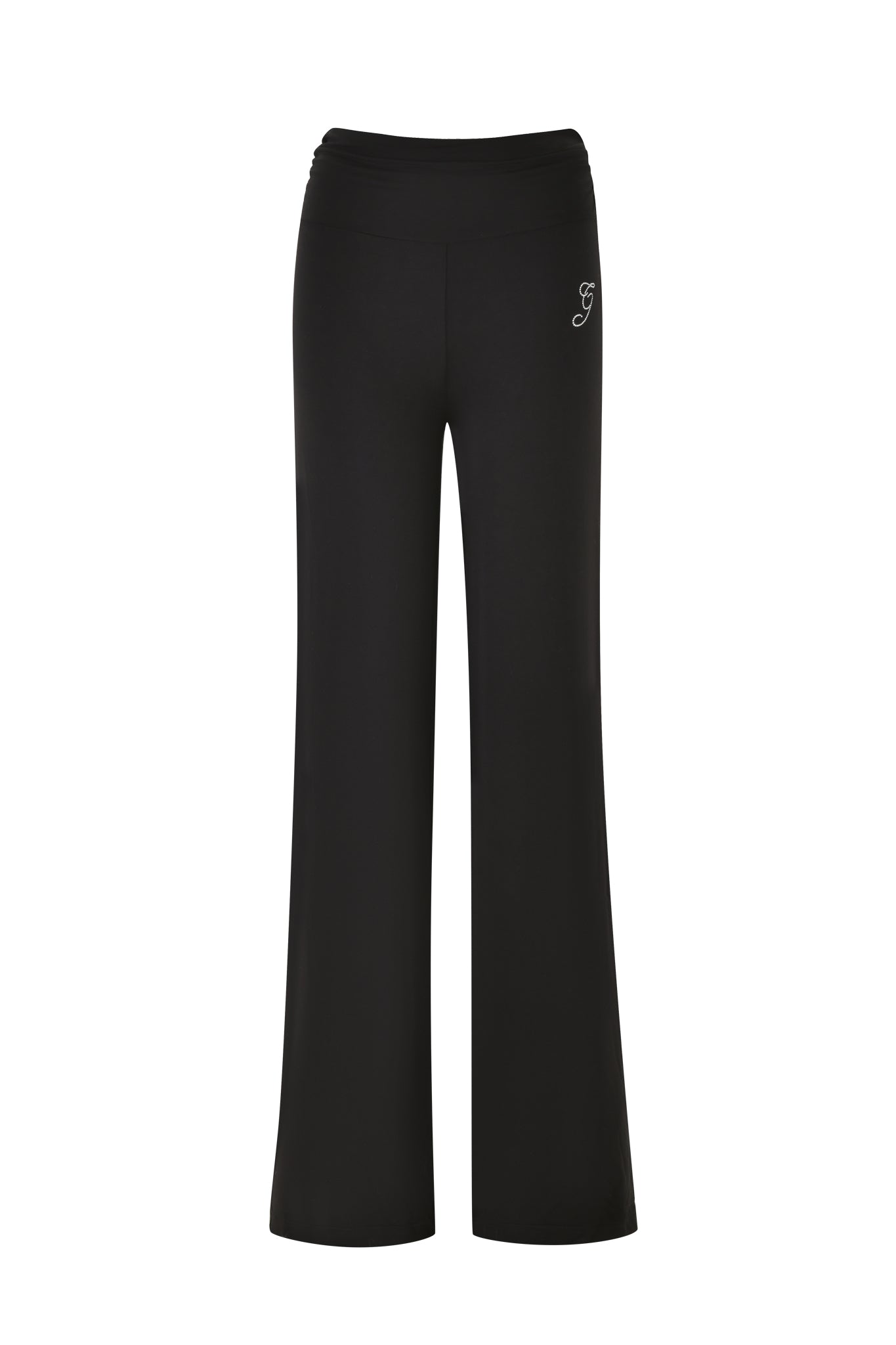 The ERIN PANT - BLACK by I.AM.GIA features a high waist and wide legs, crafted from eco-friendly bamboo fabric. These black yoga pants are elegantly presented against a white background with a delicate diamante design logo positioned on the upper left side.