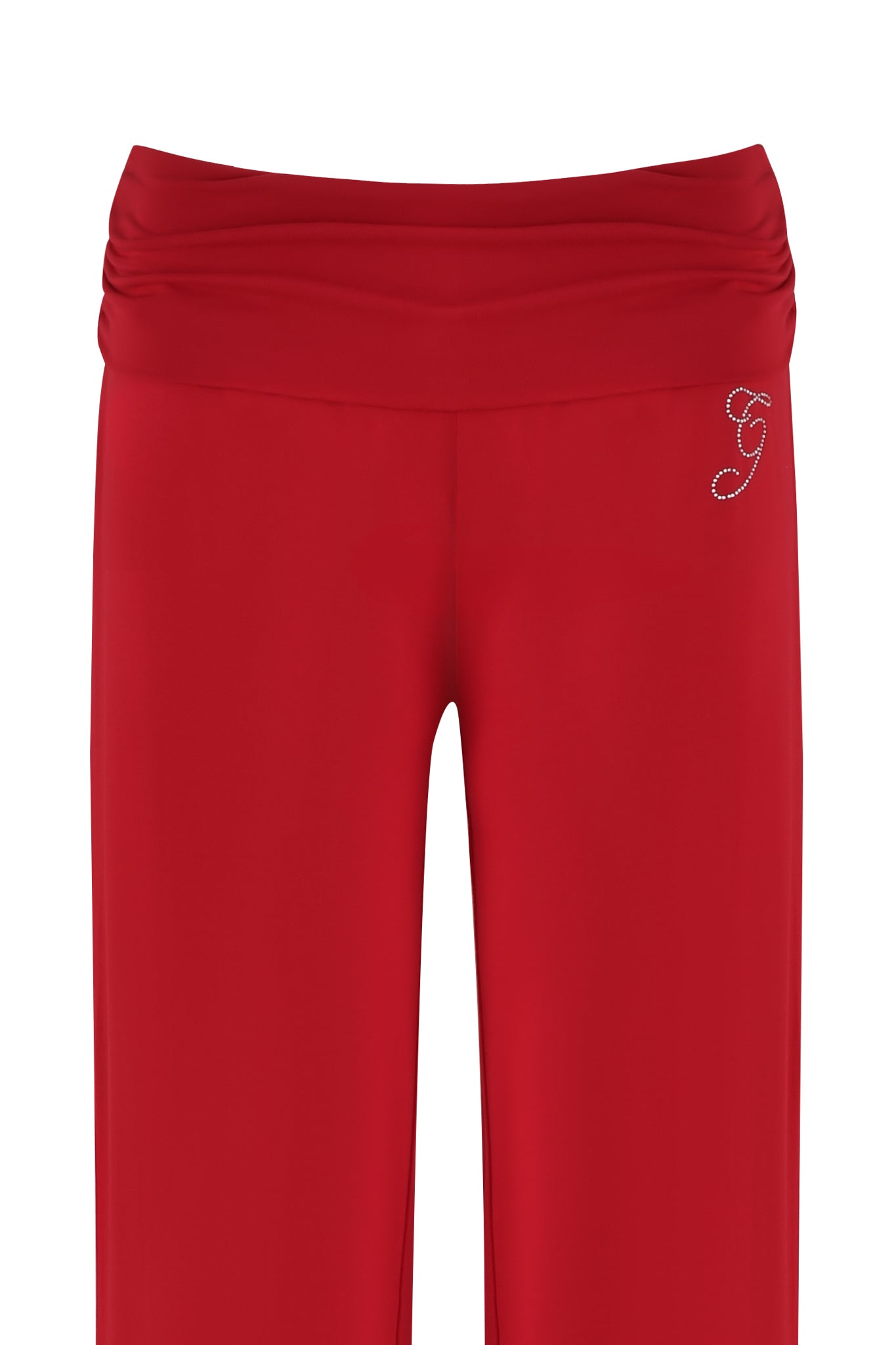 The ERIN PANT - RED by I.AM.GIA features a mid-rise waist with a folded waistband and a small rhinestone design on the left side. The pull-on construction enhances convenience, making these pants both stylish and functional for any occasion.