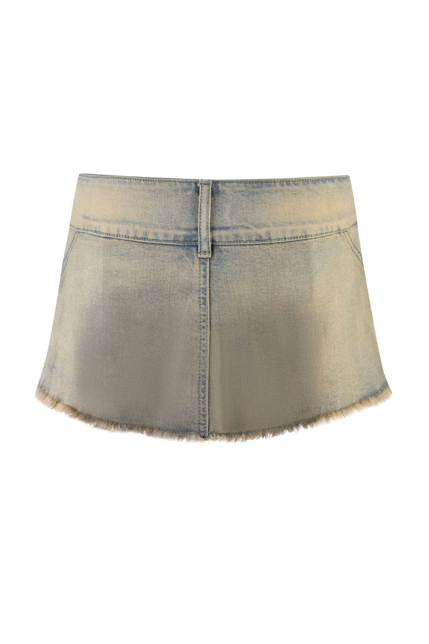 The NYKKO Skort by I.AM.GIA in Beige Tan Wash is a micro mini-length with a frayed hem, low-rise waistline, and two back pockets. Visible stitching on the waistband and seams enhances its slightly worn, vintage look, blending style with nostalgia.