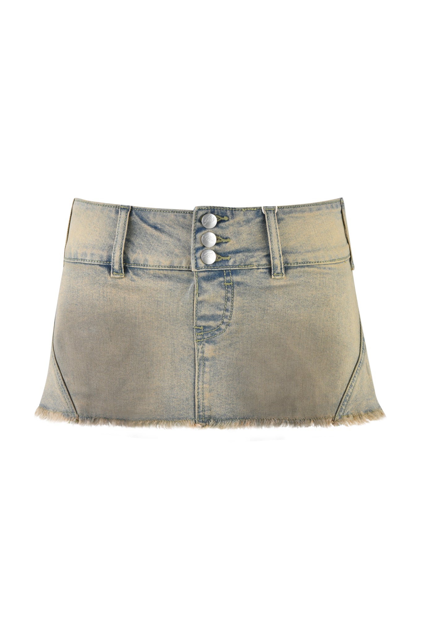 The I.AM.GIA Nykko Skort in Beige: Tan Wash offers a high-waisted denim mini skirt with side loops, a frayed hem, and three silver buttons. It has a vintage faded look for effortless style.