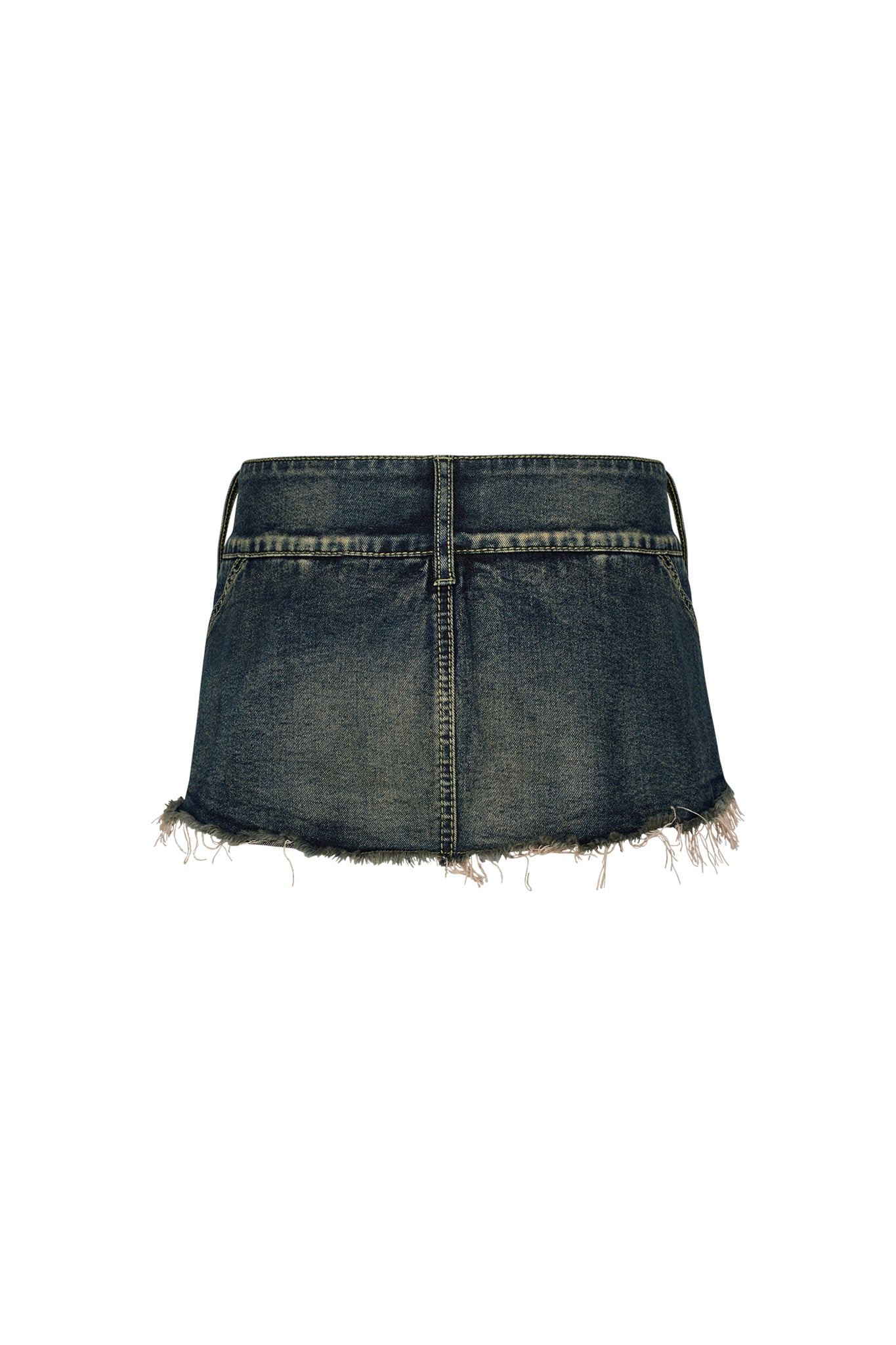 The NYKKO SKORT in Denim Blue by I.AM.GIA features a dark denim design with frayed hem detailing. The back view showcases two pockets and a central seam. The intentionally distressed edges contribute to its worn, edgy look.