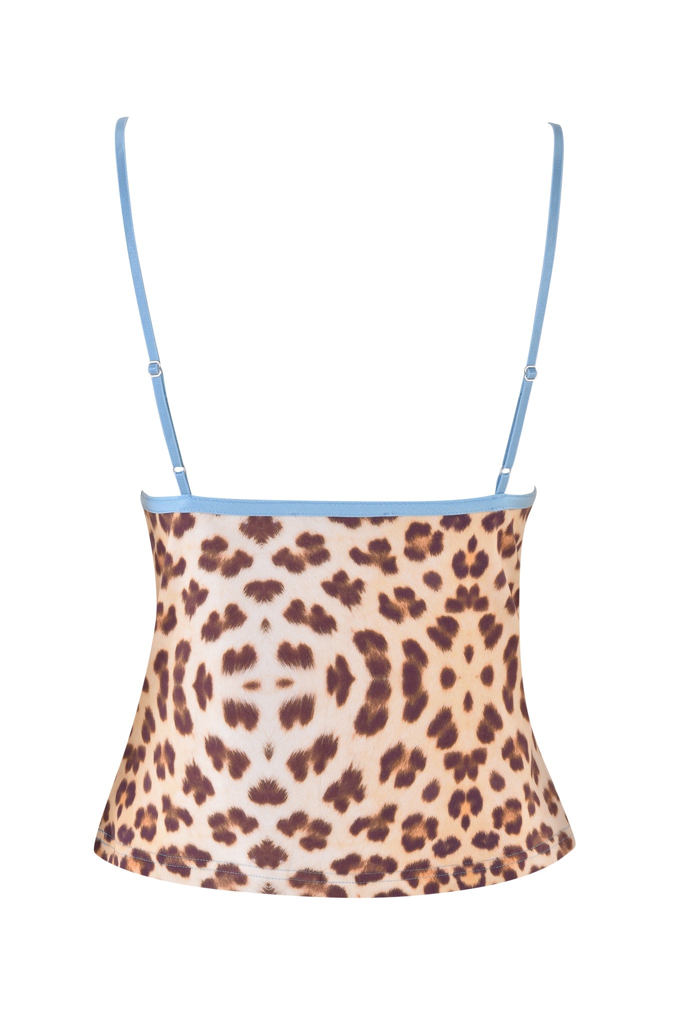 The I.AM.GIA EDITA TOP in NEUTRAL LEOPARD and WILD CARD colors, featuring light blue adjustable spaghetti straps, is showcased against a white background.