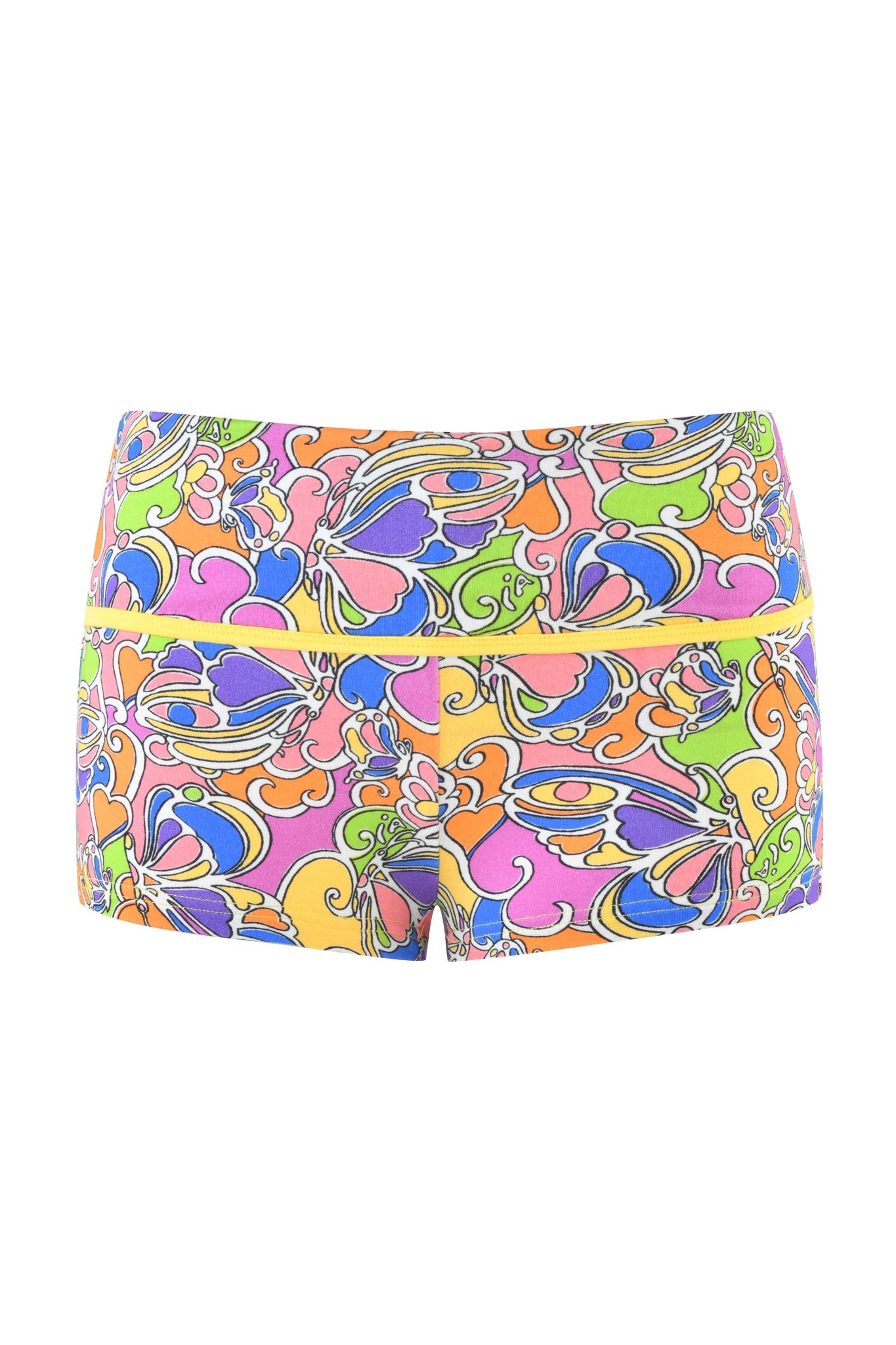 The I.AM.GIA RHIANNON SHORT - TROPICAL BUTTERFLY BLOOM features a bold butterfly and swirl print in yellow, pink, purple, green, and blue on white with a low-rise waist—perfect for standout summer style.