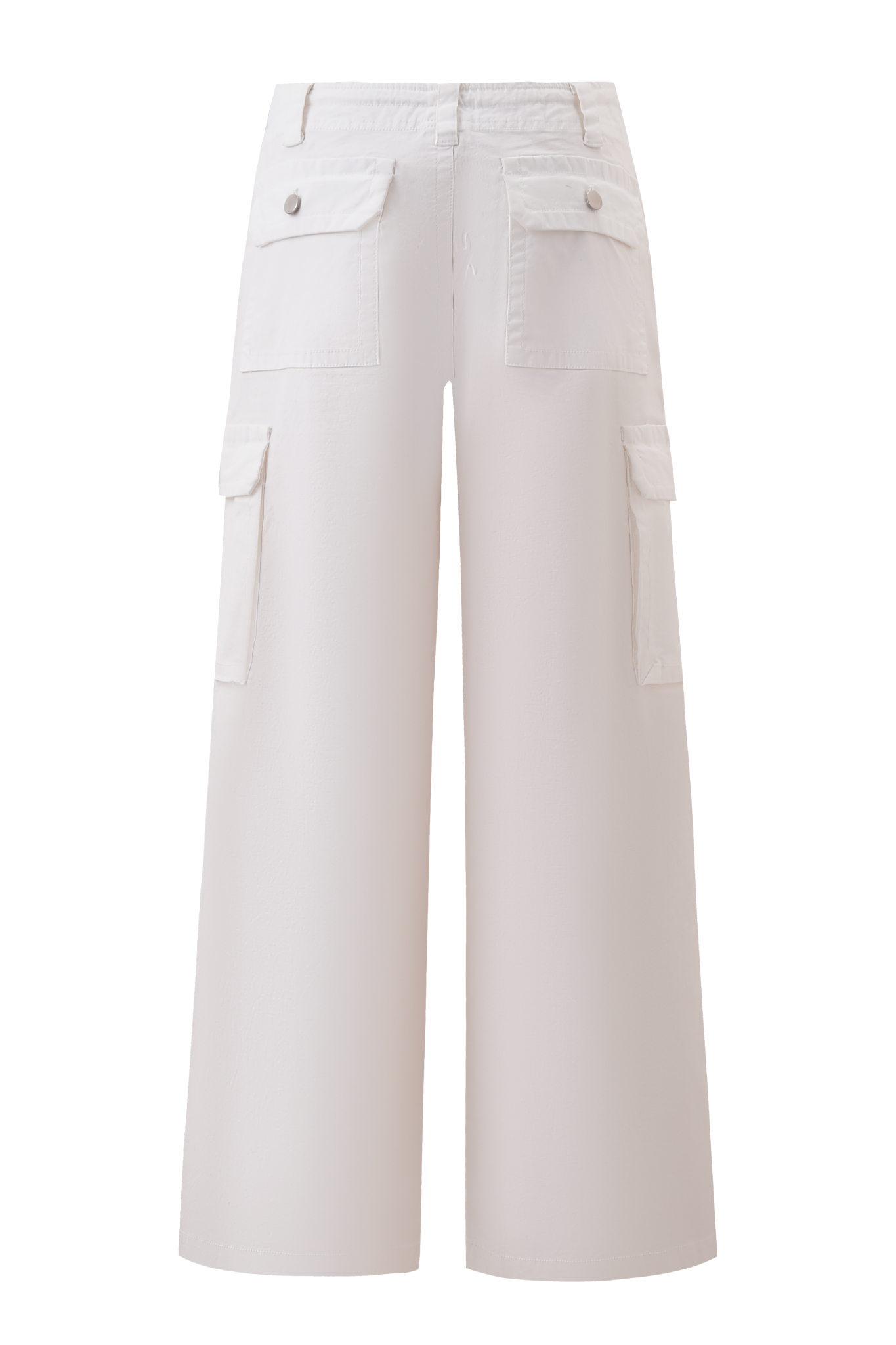 The I.AM.GIA JAXXON PANT in white is a low-rise, wide-leg cargo pant with two back and two side flap pockets, shown from the back against a plain background.