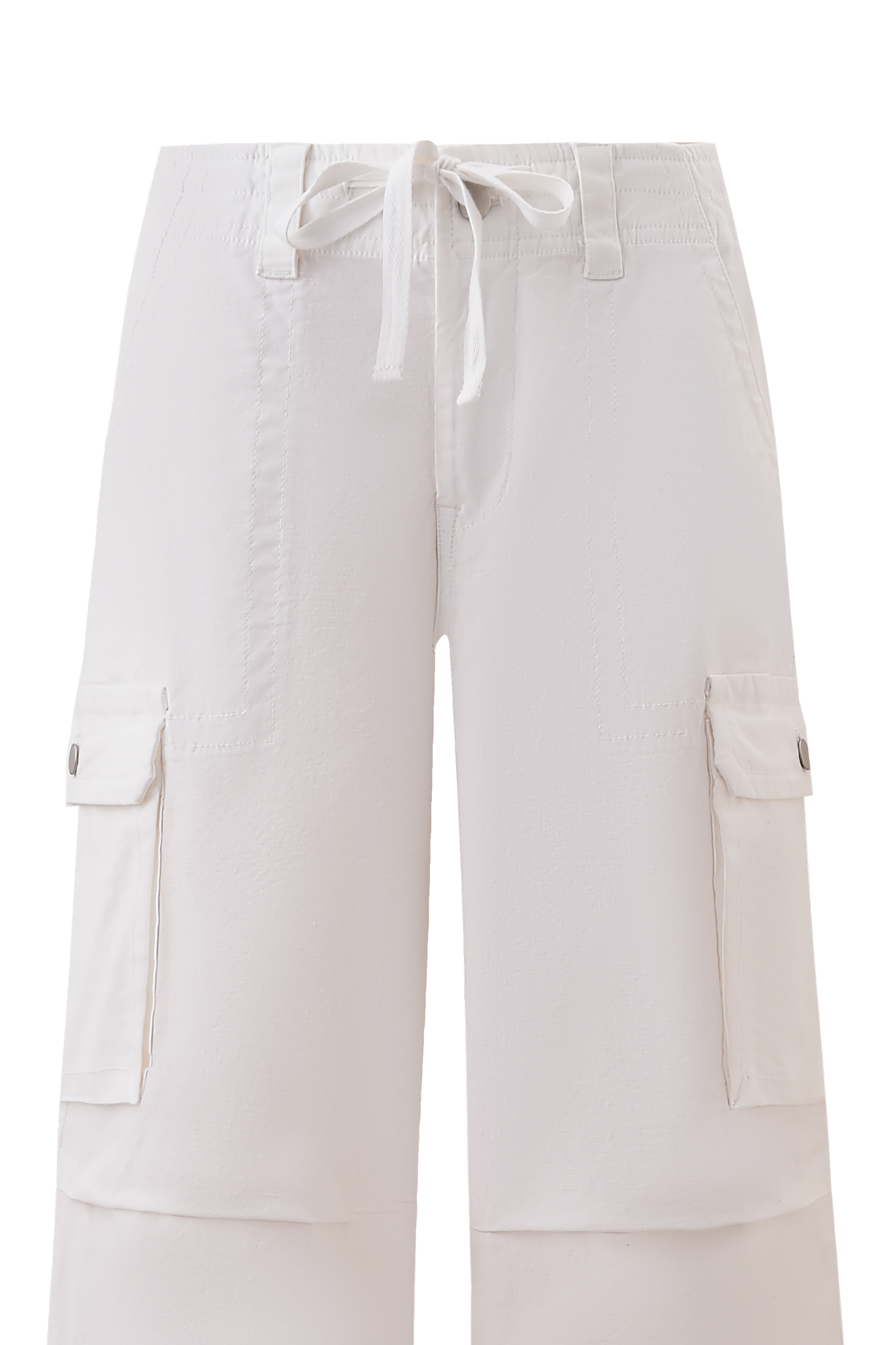 The I.AM.GIA JAXXON PANT in white features a low-rise waist, drawstring, front patch pockets, and side flap pockets with a loose, relaxed fit. Shown against a white background.