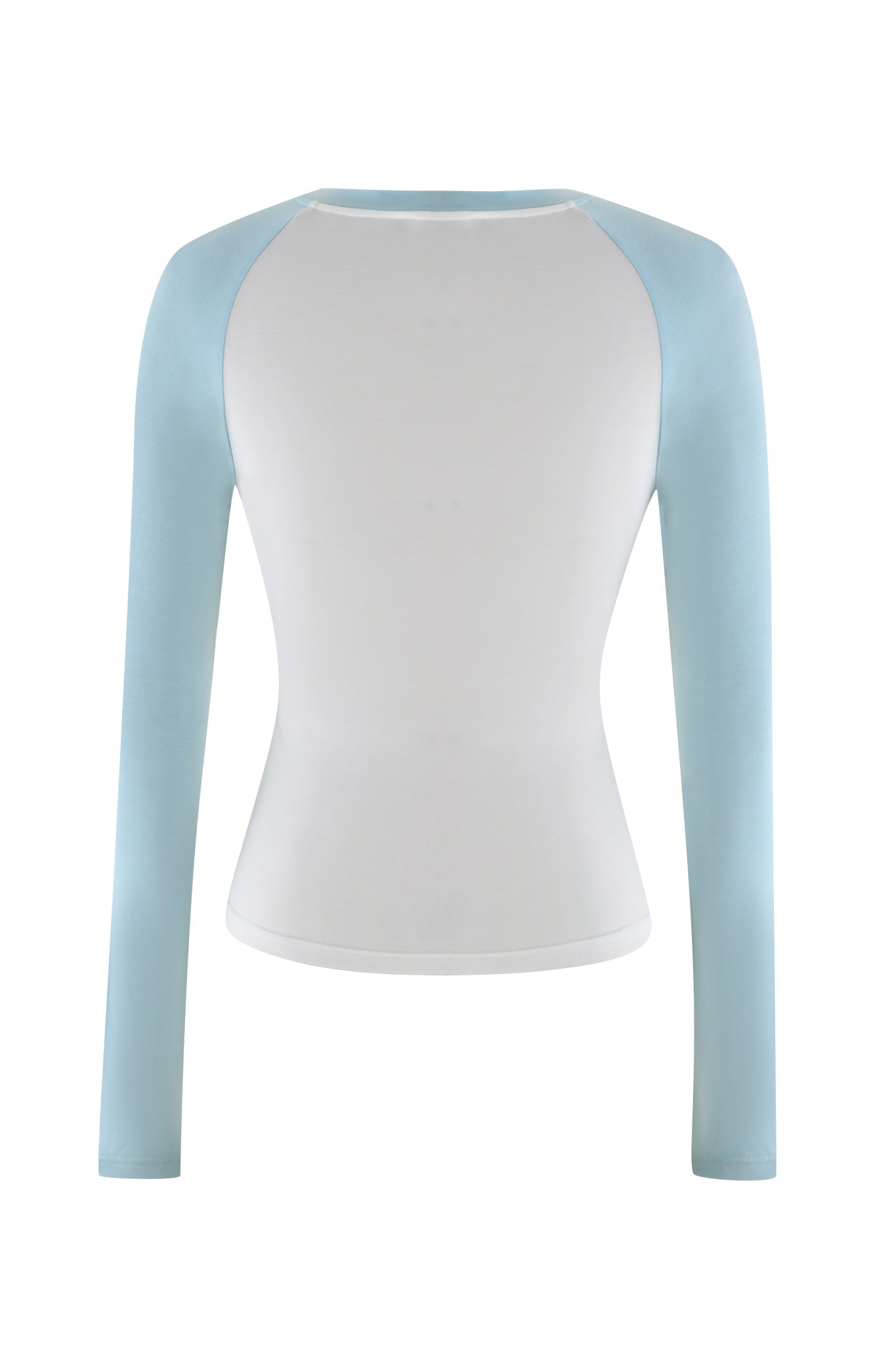 The I.AM.GIA Camelia Raglan Top in White : Blue features a fitted style with bamboo fabric, highlighting light blue raglan sleeves and a white body, elegantly displayed from the back.