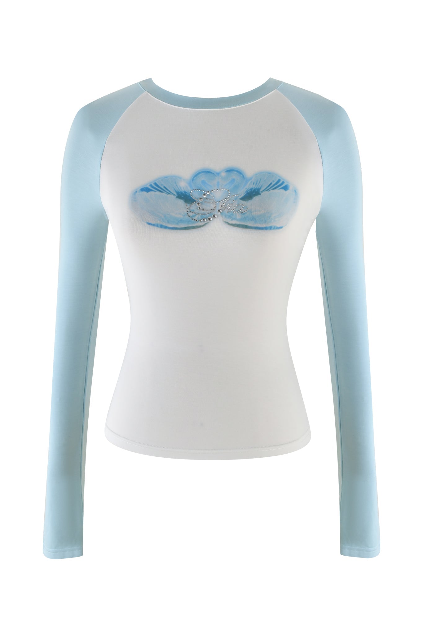 The CAMELIA RAGLAN TOP - WHITE : BLUE by I.AM.GIA features light blue sleeves, a white body with angel wings design, a small heart and rhinestones on the chest, bamboo fabrication, and the elegant Gia logo diamante artwork.