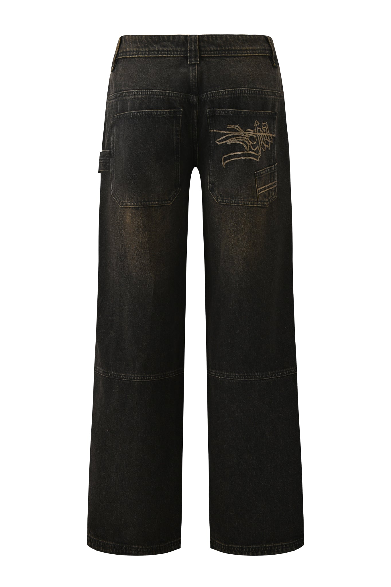 Back view of I.AM.GIA's MISTY JEAN - BLACK, baggy fit black denim wide-leg jeans with faded detailing, a graphic above the right back pocket, two back pockets, and a side loop on the left leg.