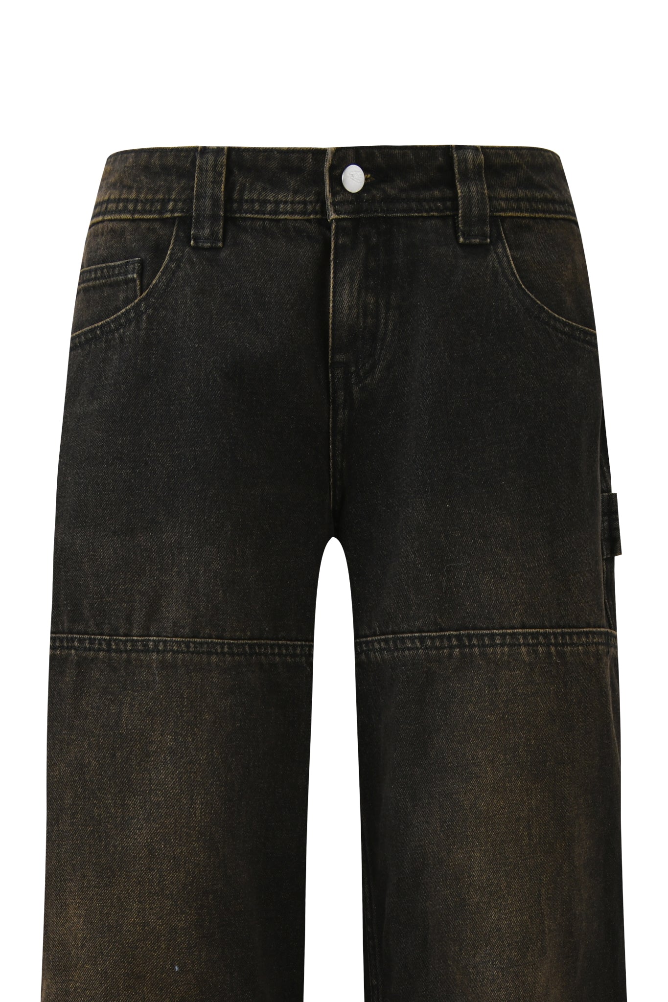 The I.AM.GIA MISTY JEAN - BLACK features black denim with a faded, worn look, a baggy fit, button closure, belt loops, front pockets, and a horizontal thigh seam. Shown against a white background.