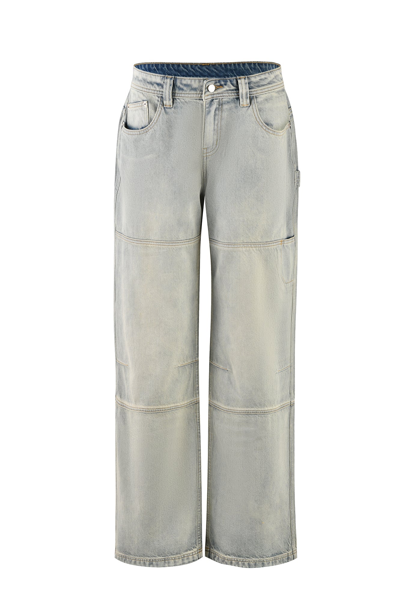 A pair of vintage wash, wide-leg jeans from I.AM.GIA called the MISTY JEAN - BLUE. These jeans are designed with a waistband and belt loops, featuring a button and zipper closure, front and back pockets, and visible stitching at the knees. They have a slightly faded appearance that adds a distressed look.