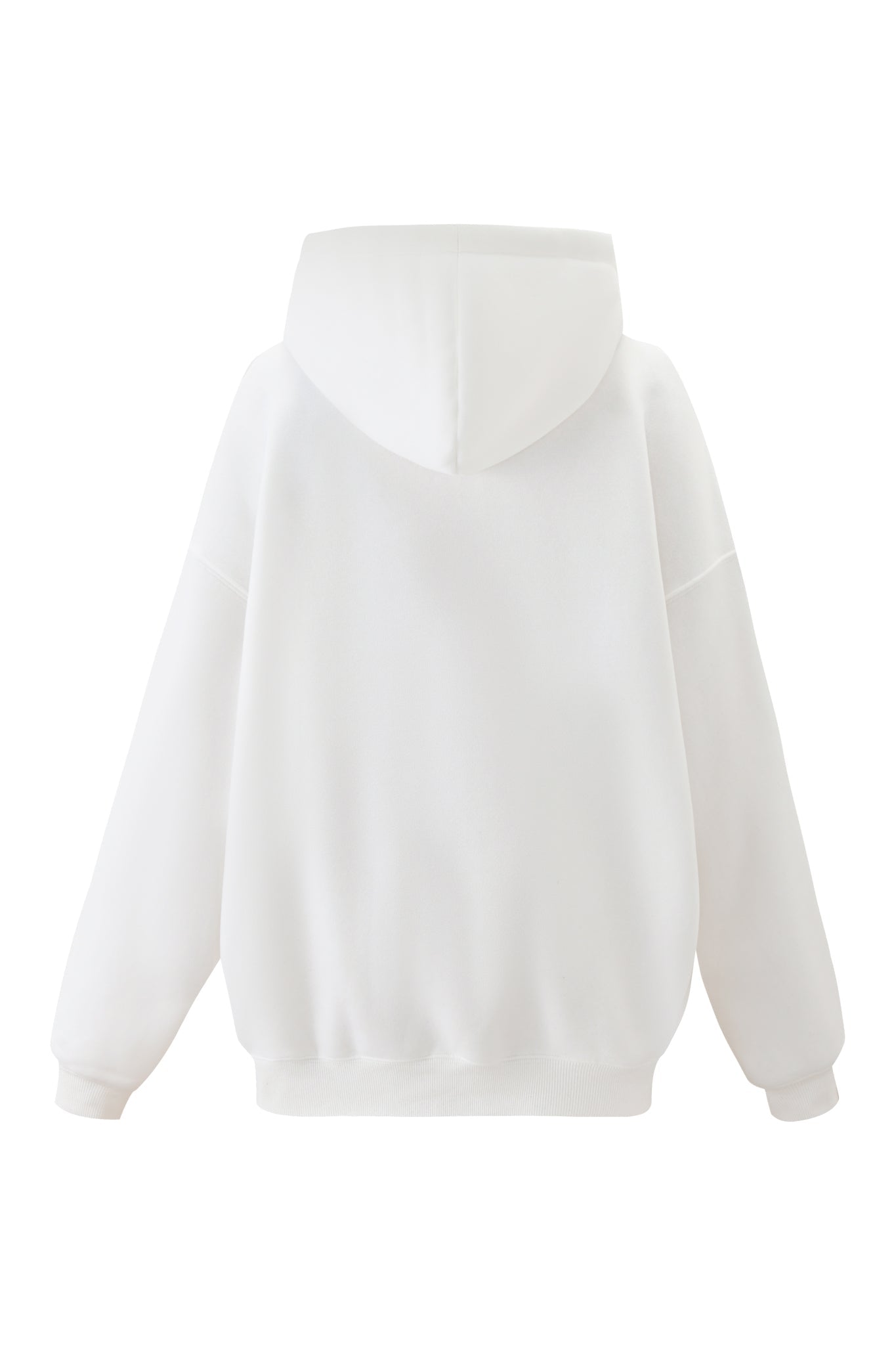 Back view of the DORIAN HOODIE - WHITE by I.AM.GIA, an oversized hoodie with long sleeves, ribbed cuffs and hem, shown against a white background.