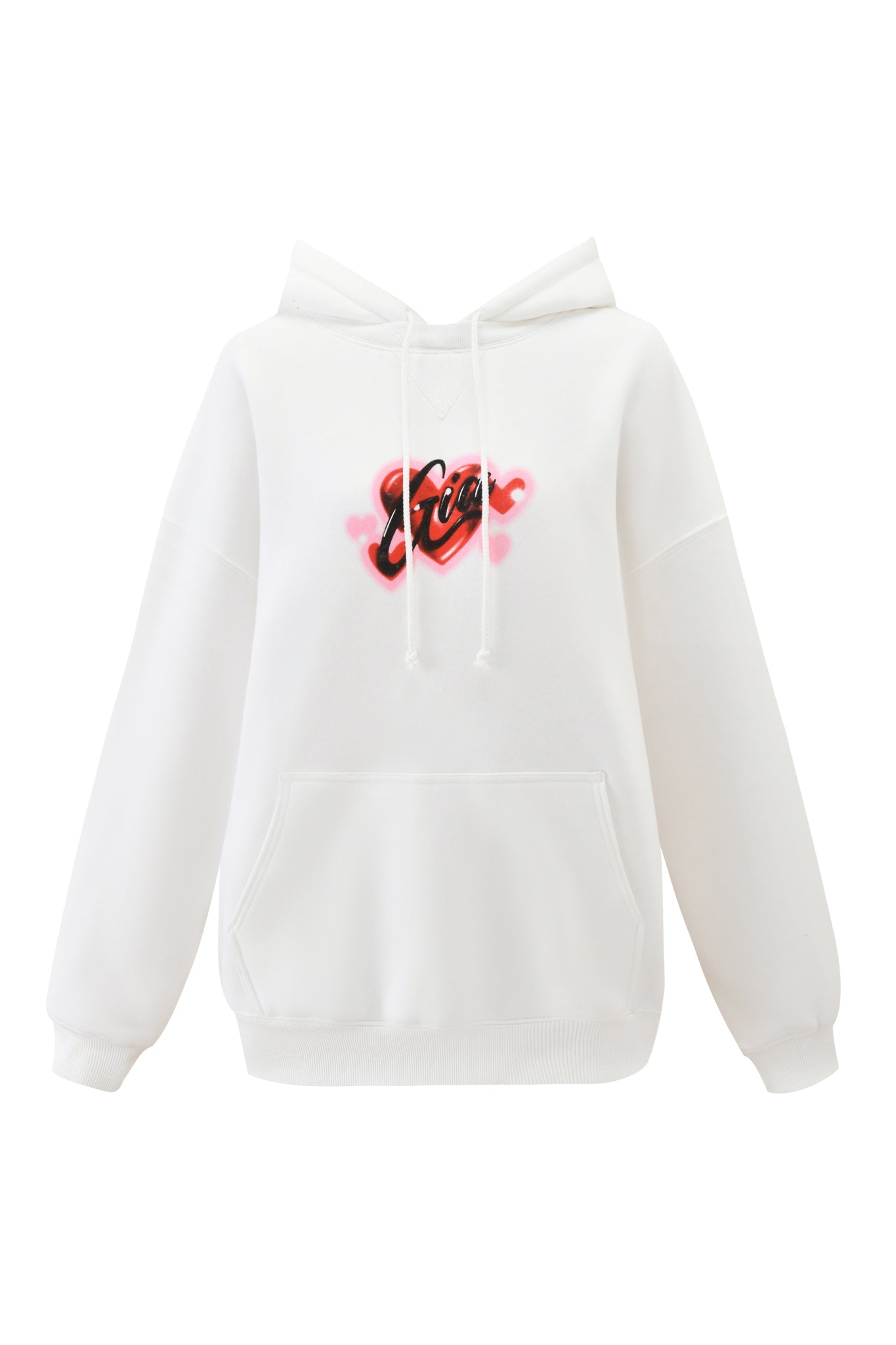 The DORIAN HOODIE - WHITE by I.AM.GIA is an oversized white hoodie featuring a front pocket and “STAY” in black and red graffiti-inspired airbrush lettering across the chest.