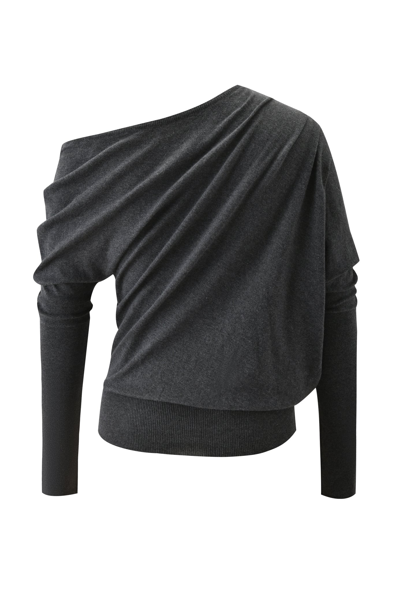 The I.AM.GIA GISELLE TOP - CHARCOAL GREY features long sleeves, an asymmetrical neckline, and draped fabric for a chic off-the-shoulder knit look, shown on a plain white background.