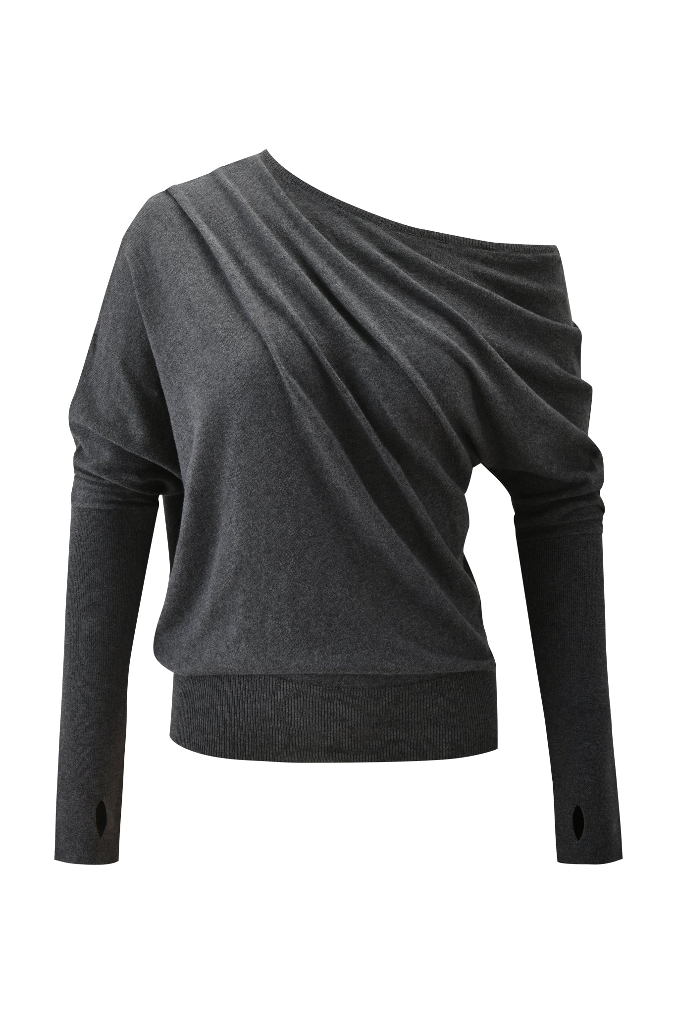 The I.AM.GIA GISELLE TOP - CHARCOAL GREY is a long-sleeved, off-the-shoulder knit top with an asymmetrical neckline, draped front, fitted waist, and thumbhole details. Displayed against a white background.