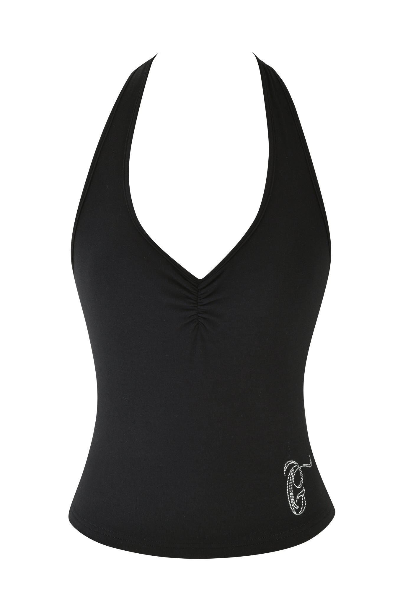 The CELESTE TOP - BLACK by I.AM.GIA is a black halter neck tank that boasts a plunging V-neckline and delicate gathered detail at the chest. Adorned with an elegant decorative "C" on the lower left side, it showcases a sleek bodycon silhouette. Set against a plain white background, this piece exudes chic sophistication.
