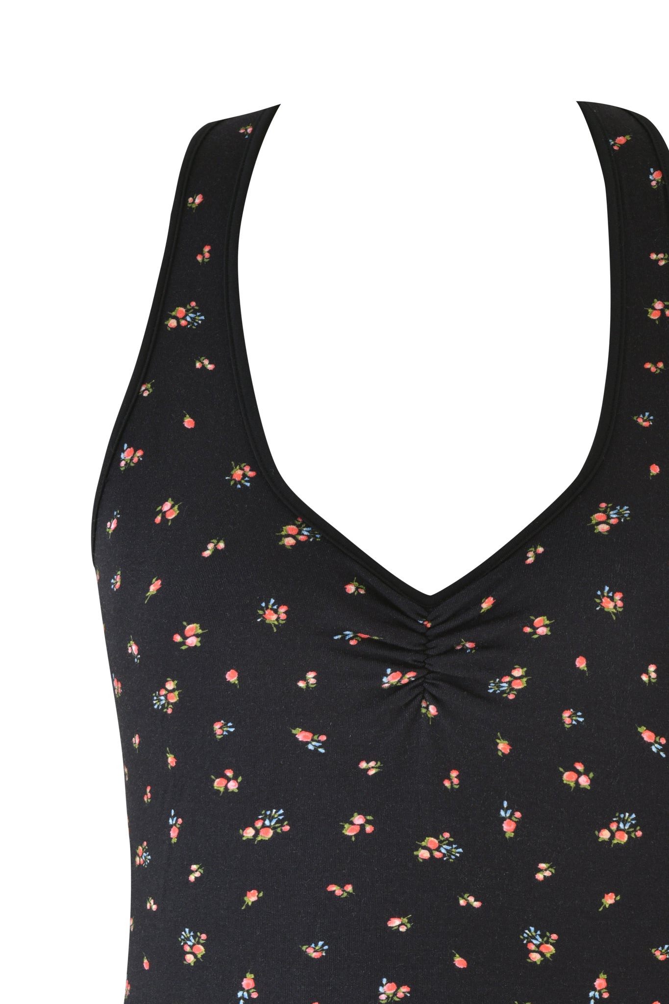 The CELESTE TOP - BLACK : DITSY FLORAL by I.AM.GIA features a sleeveless design with a deep V-neckline, showcasing an orange and blue ditsy print. The fabric is delicately gathered at the neckline, adding charm to its bodycon shape.