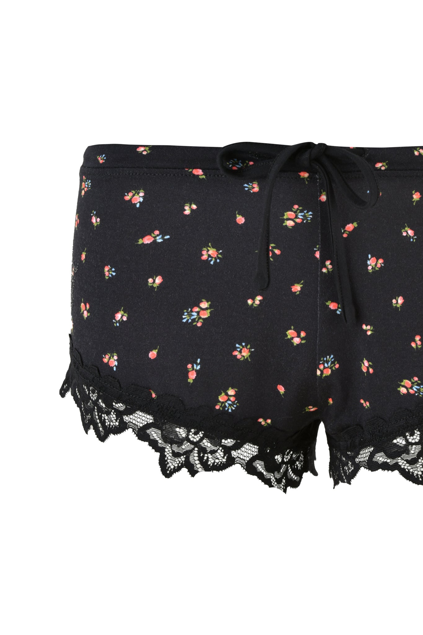 The CELESTE SHORT - BLACK: DITSY FLORAL by I.AM.GIA is a micro mini with colorful floral prints on black fabric, enhanced by a lace-trimmed hem. Its drawstring waist provides comfort while preserving a chic, bodycon silhouette.