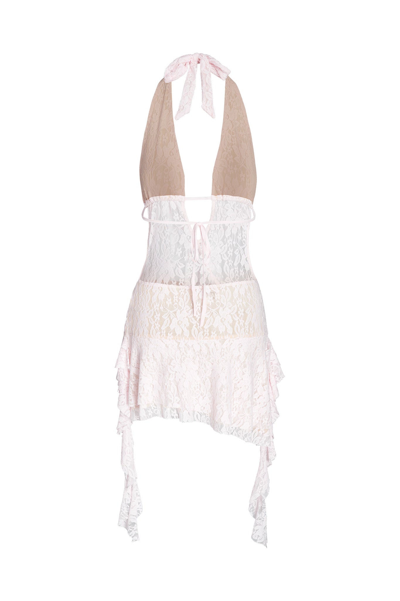 Introducing the IRISIA LACE DRESS in pink by I.AM.GIA: a halter-neck piece featuring a deep neckline and a blend of beige and white lace. This garment showcases a sheer lace bodice and an asymmetrical skirt with ruffled accents, all elegantly designed to evoke the delicate charm of baby pink lace.