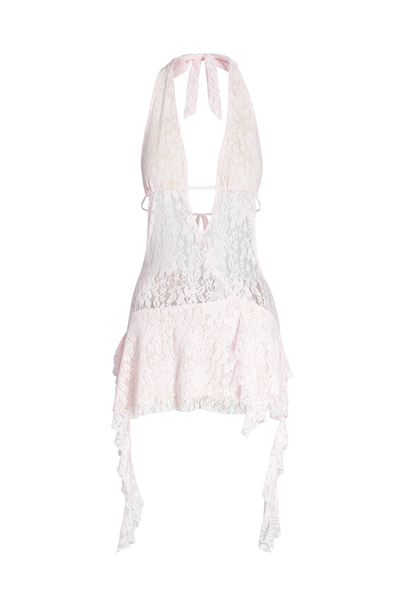 The IRISIA LACE DRESS from I.AM.GIA is a delicate, sleeveless halter dress featuring a backless design and an asymmetrical hemline. The baby pink lace harmonizes beautifully with touches of white, creating a soft and romantic look.