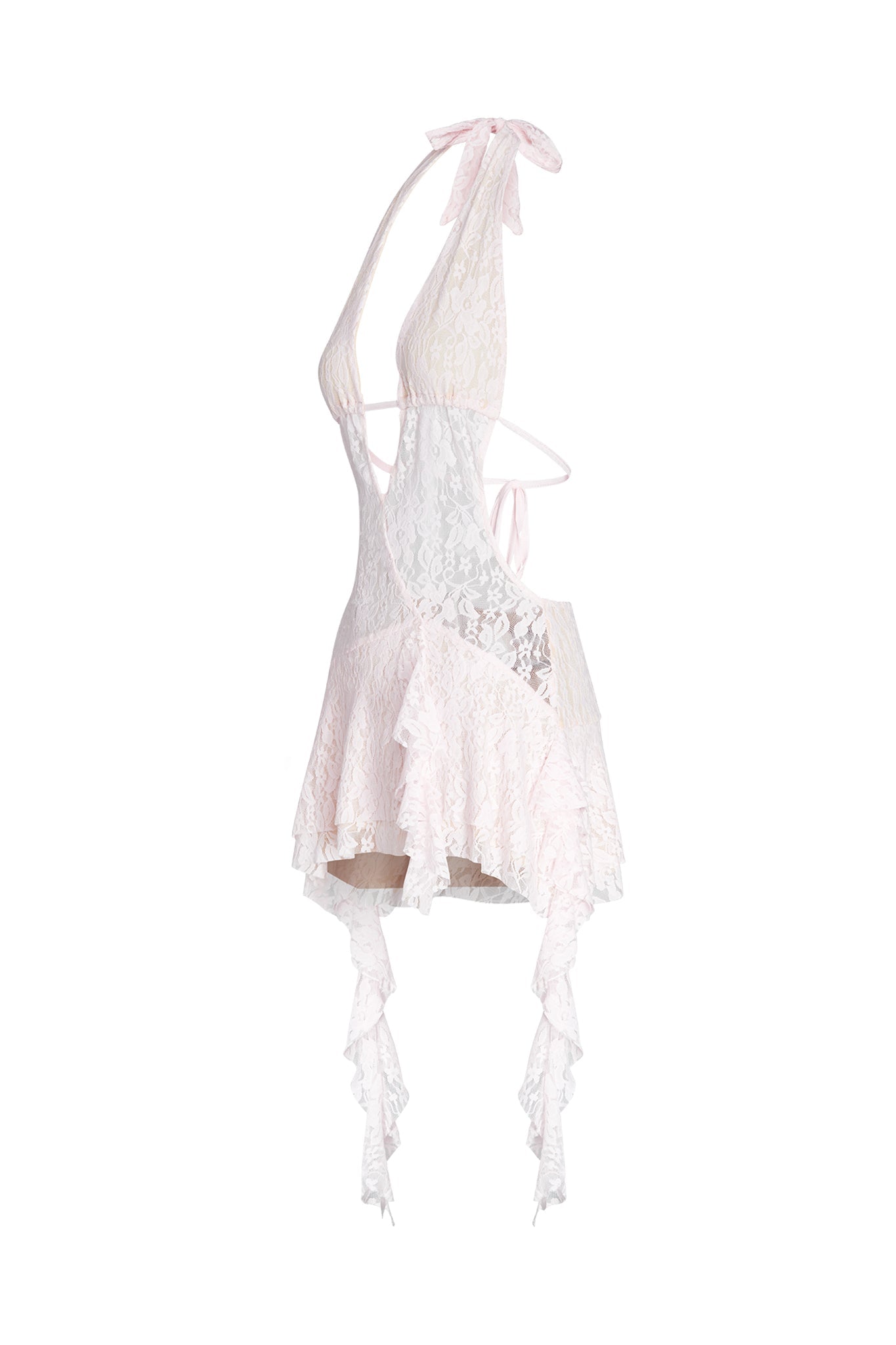 Introducing the IRISIA LACE DRESS - PINK by I.AM.GIA, a backless mini dress crafted in white and pale pink lace. This stylish piece showcases an asymmetrical hemline and delicate straps, perfectly blending sheer lace with solid panels to create a flowing and feminine silhouette, all styled against a white background.