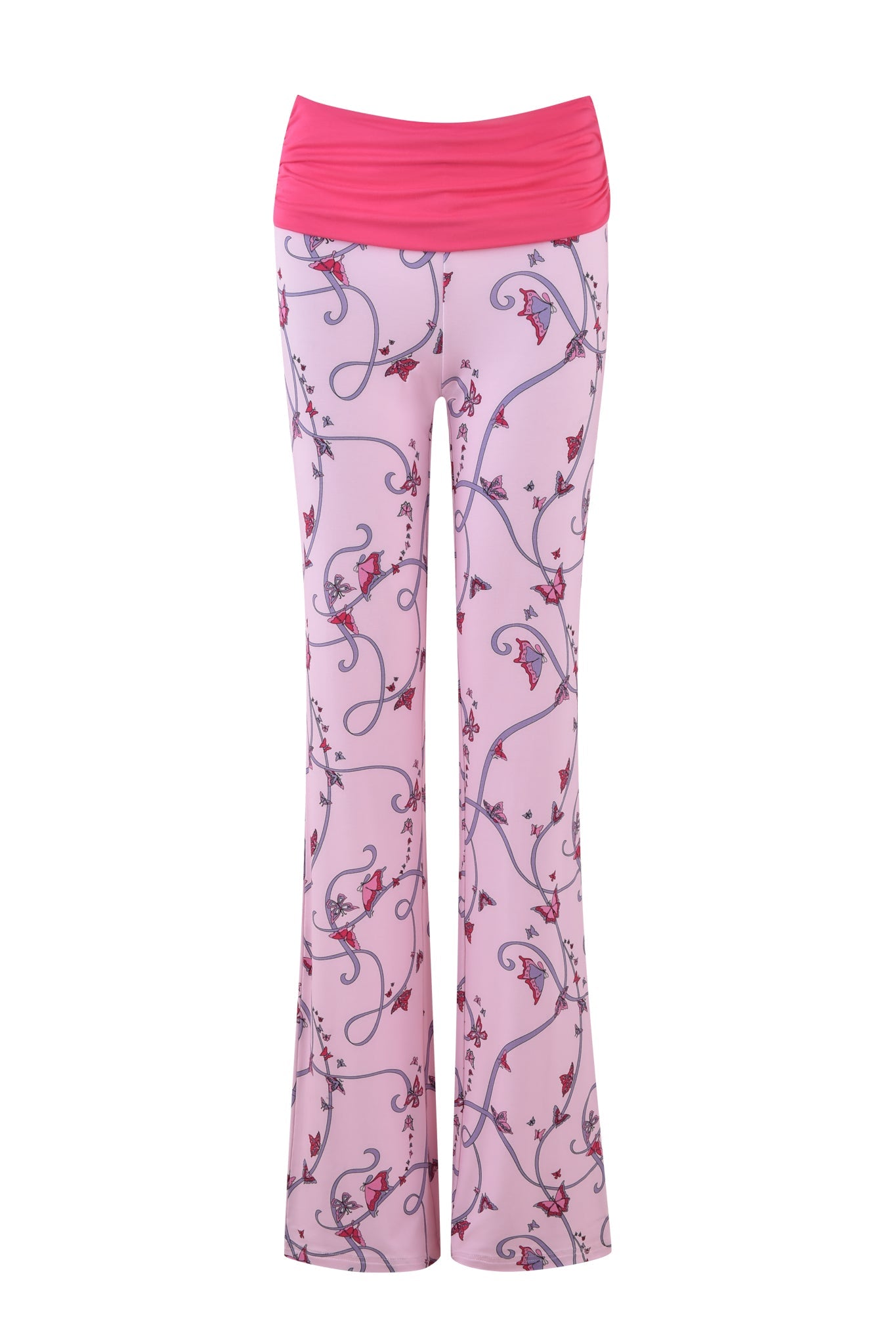 The JANNIS PANT - PINK: BUTTERFLY RIBBON by I.AM.GIA features a vibrant pink wide waistband and a stunning mid-rise design with blue and magenta butterflies woven into a floral and vine pattern against a crisp white background.