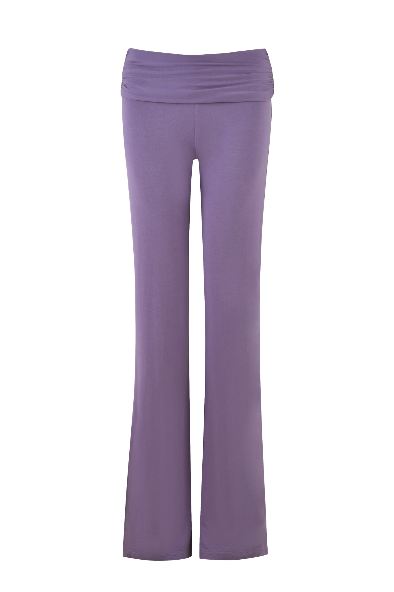 The JANNIS PANT - PURPLE : DUSTY LILAC from I.AM.GIA features a pair of dusty lilac-colored, wide-leg women's pants with a mid-rise waist. The fabric appears to be soft and comfortable, offering a relaxed fit perfect for casual or lounge wear. They are showcased against a gradient background of complementary purple hues.