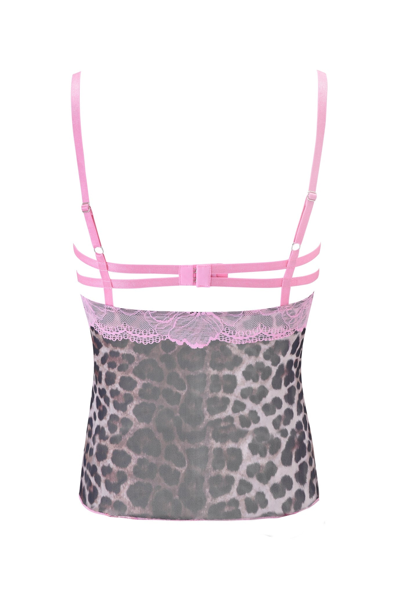 The I.AM.GIA SILO TOP - CLASSIC LEOPARD features adjustable pink straps, a pink lace trim, and semi-sheer gray and black leopard print fabric, displayed from the back against a white background.